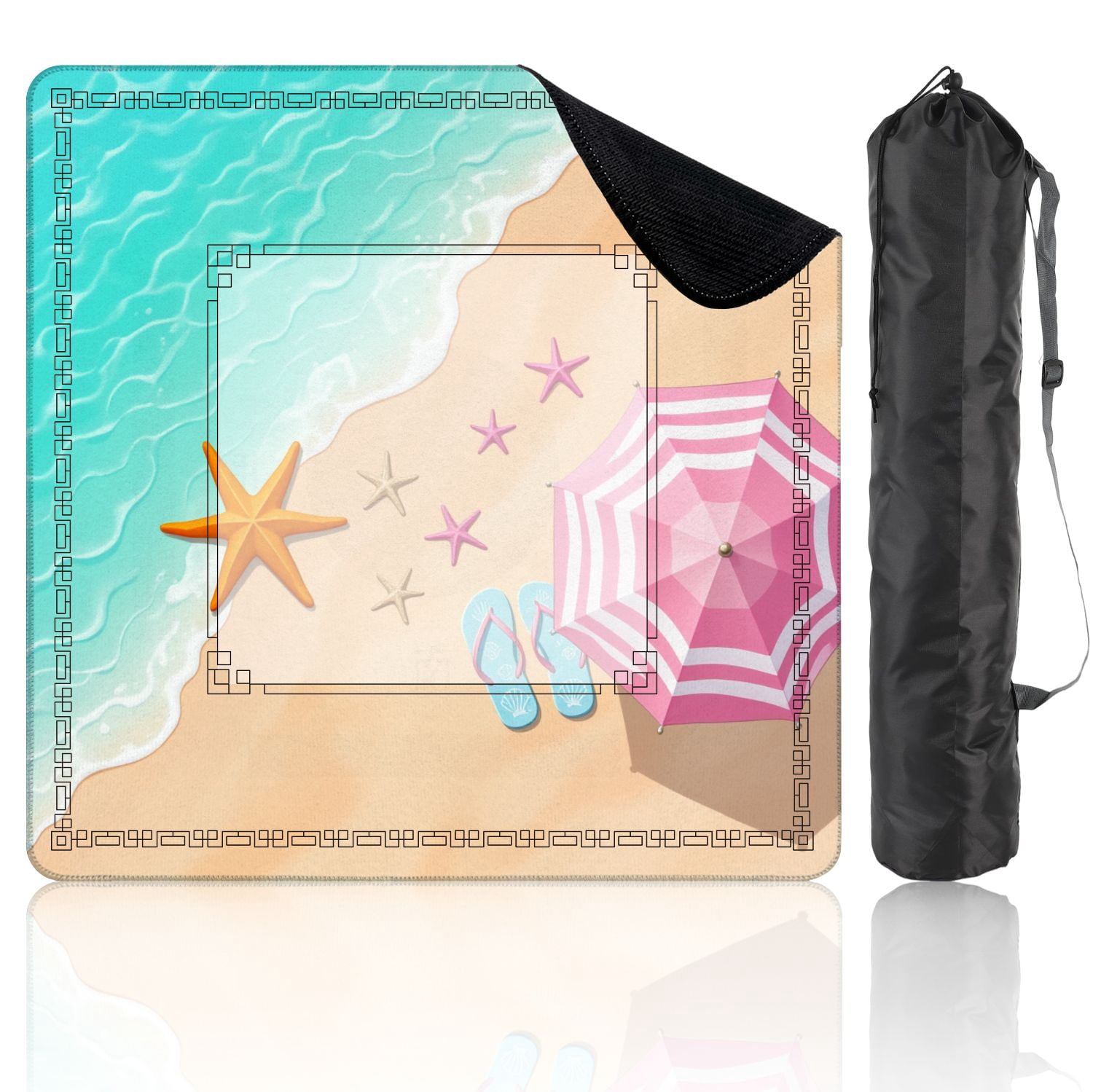 Mahjong Mat 31.5" x 31.5" Beach Scene Starfish Pink Umbrellas Flip Flops Sandy Shore Non-Slip Noise Reduction American Mahjong Tiles Table Cover for Dominoes Poker Card Board Games Gift
