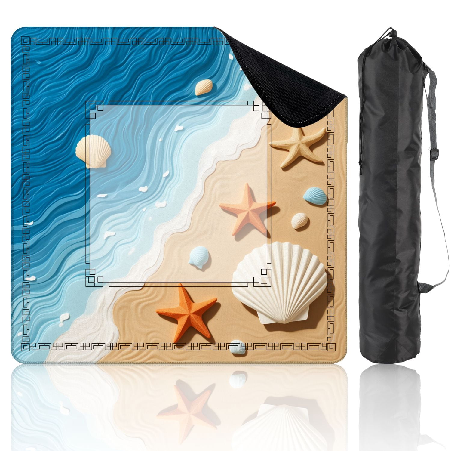 Mahjong Mat 31.5" x 31.5" Beach Starfish Seashells Layered Ocean Waves Non-Slip Noise Reduction American Mahjong Tiles Table Cover for Dominoes Poker Card Board Games Gift