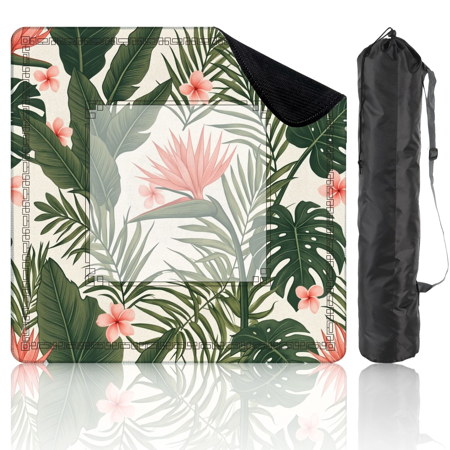 Mahjong Mat 31.5" x 31.5" Beach cheerful seamless tropical dark green leaves palm trees flowers Non-Slip Noise Reduction American Mahjong Tiles Table Cover for Dominoes Poker Card Board Games Gift