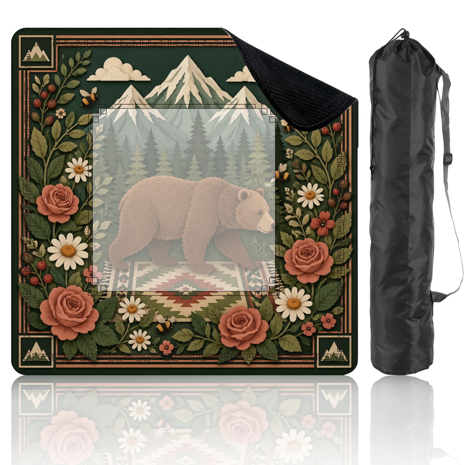 Mahjong Mat 31.5" x 31.5" Bear Forest Mountain Backdrop Floral Frame Non-Slip Noise Reduction American Mahjong Tiles Table Cover for Dominoes Poker Card Board Games Gift