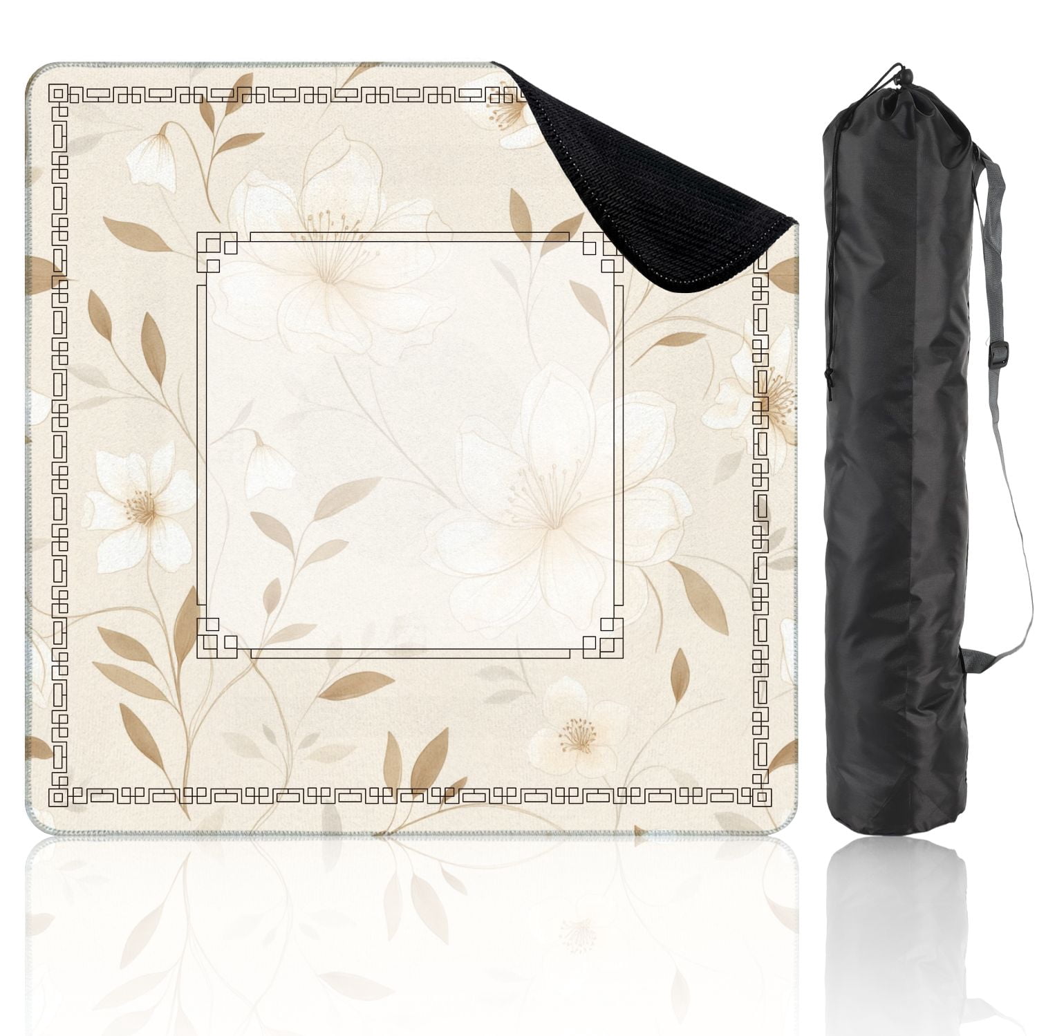 Mahjong Mat 31.5" x 31.5" Beige White Floral Delicate Leaves Elegant Blooms Non-Slip Noise Reduction American Mahjong Tiles Table Cover for Dominoes Poker Card Board Games Gift