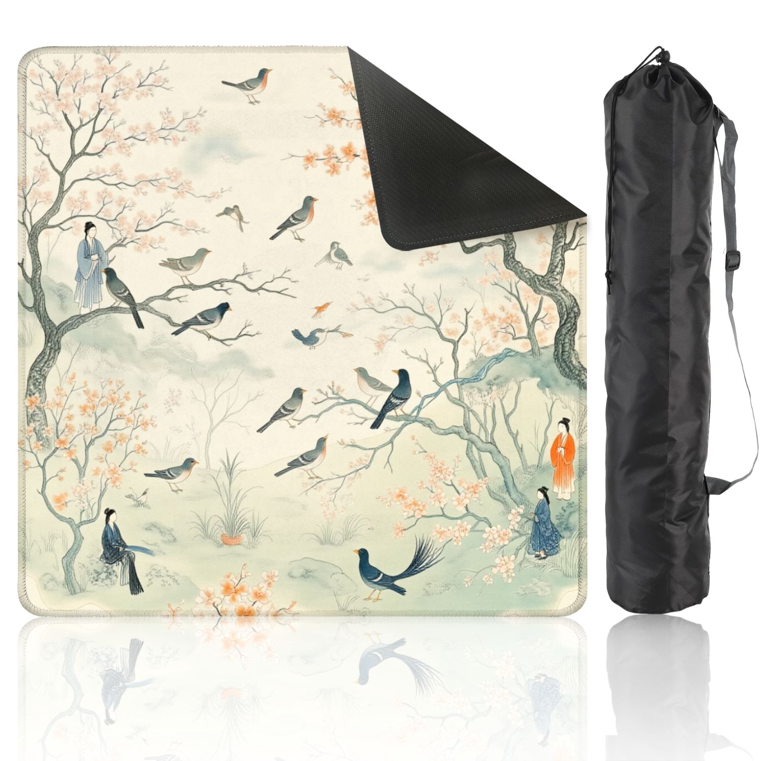 Mahjong Mat 31.5" x 31.5" Birds Blossoming Trees Soft Pastel East Asian Inspired Garden Non-Slip Noise Reduction American Mahjong Tiles Table Cover for Dominoes Poker Card Board Games Gift
