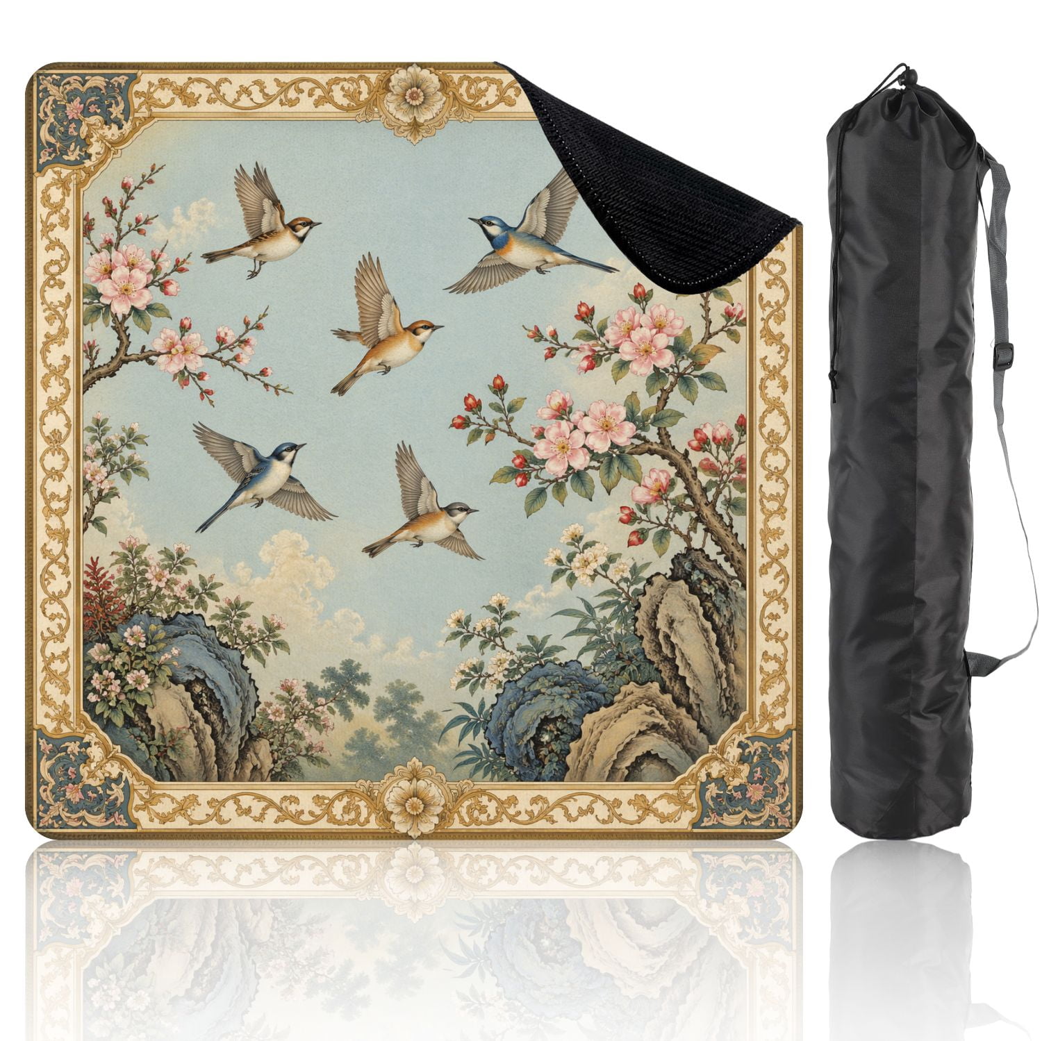 Mahjong Mat 31.5" x 31.5" Birds Cherry Blossom Branches Ornate Vintage Oriental Soft Blue Sky Non-Slip Noise Reduction Mahjong Tiles Table Cover for Dominoes Poker Card Board and Tile Games