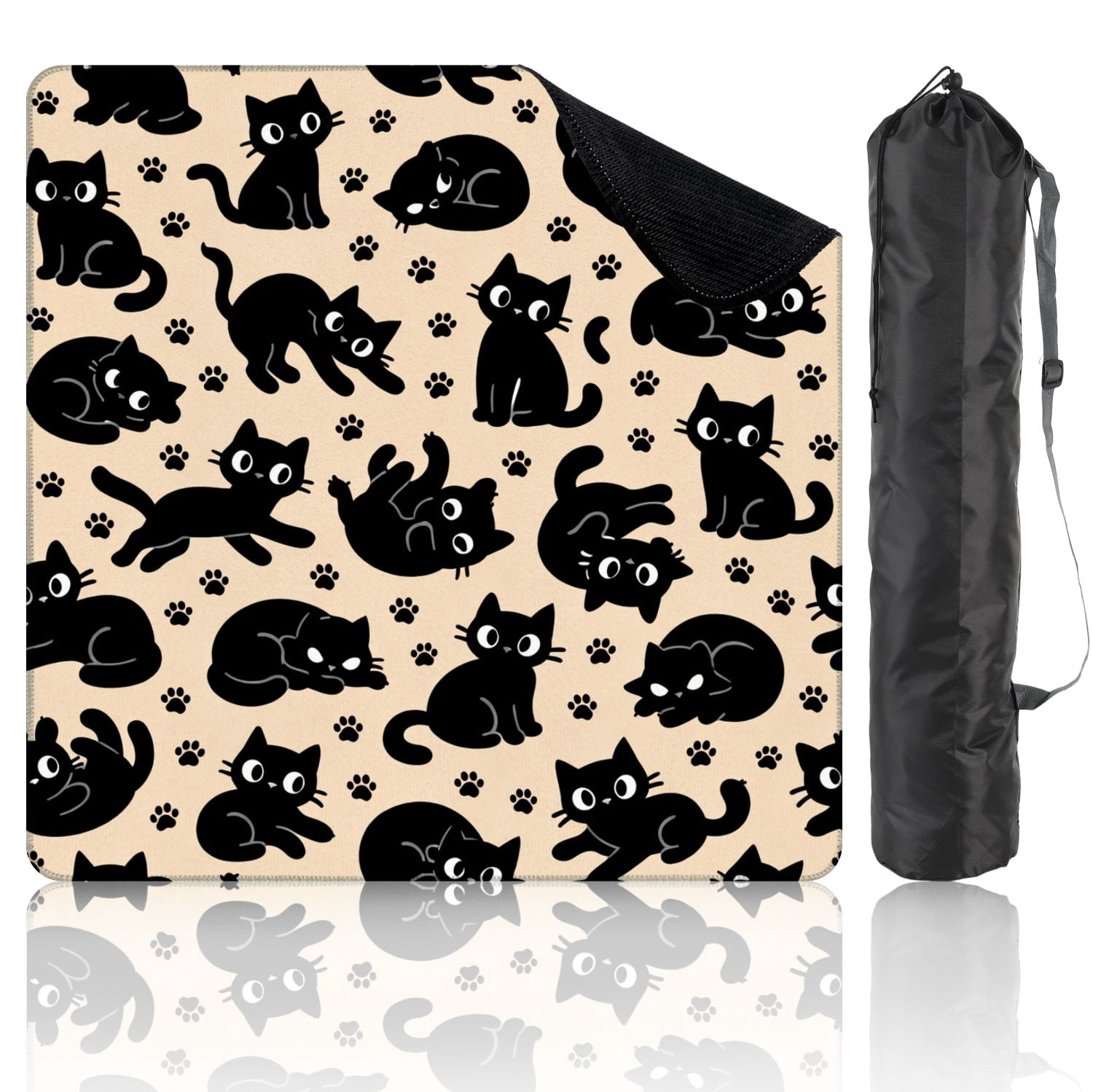 Mahjong Mat 31.5" x 31.5" Black Cat Playful Cats Paws Beige Non-Slip Noise Reduction Mahjong Tiles Table Cover for Dominoes Poker Card Board and Tile Games