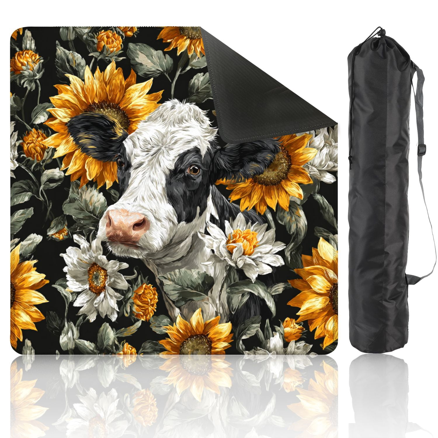 Mahjong Mat 31.5" x 31.5" Black White Cow Print Sunflowers seamless Non-Slip Noise Reduction American Mahjong Tiles Table Cover for Dominoes Poker Card Board Games Gift
