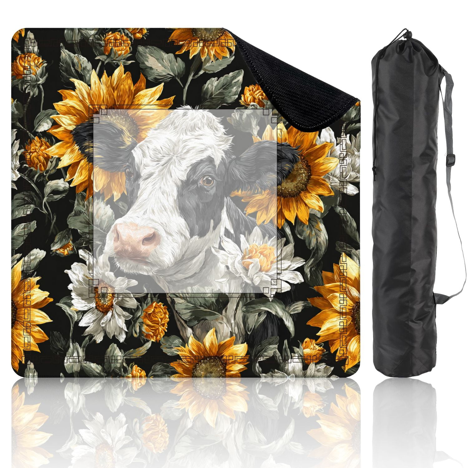 Mahjong Mat 31.5" x 31.5" Black White Cow Print Sunflowers seamless Non-Slip Noise Reduction American Mahjong Tiles Table Cover for Dominoes Poker Card Board Games Gift