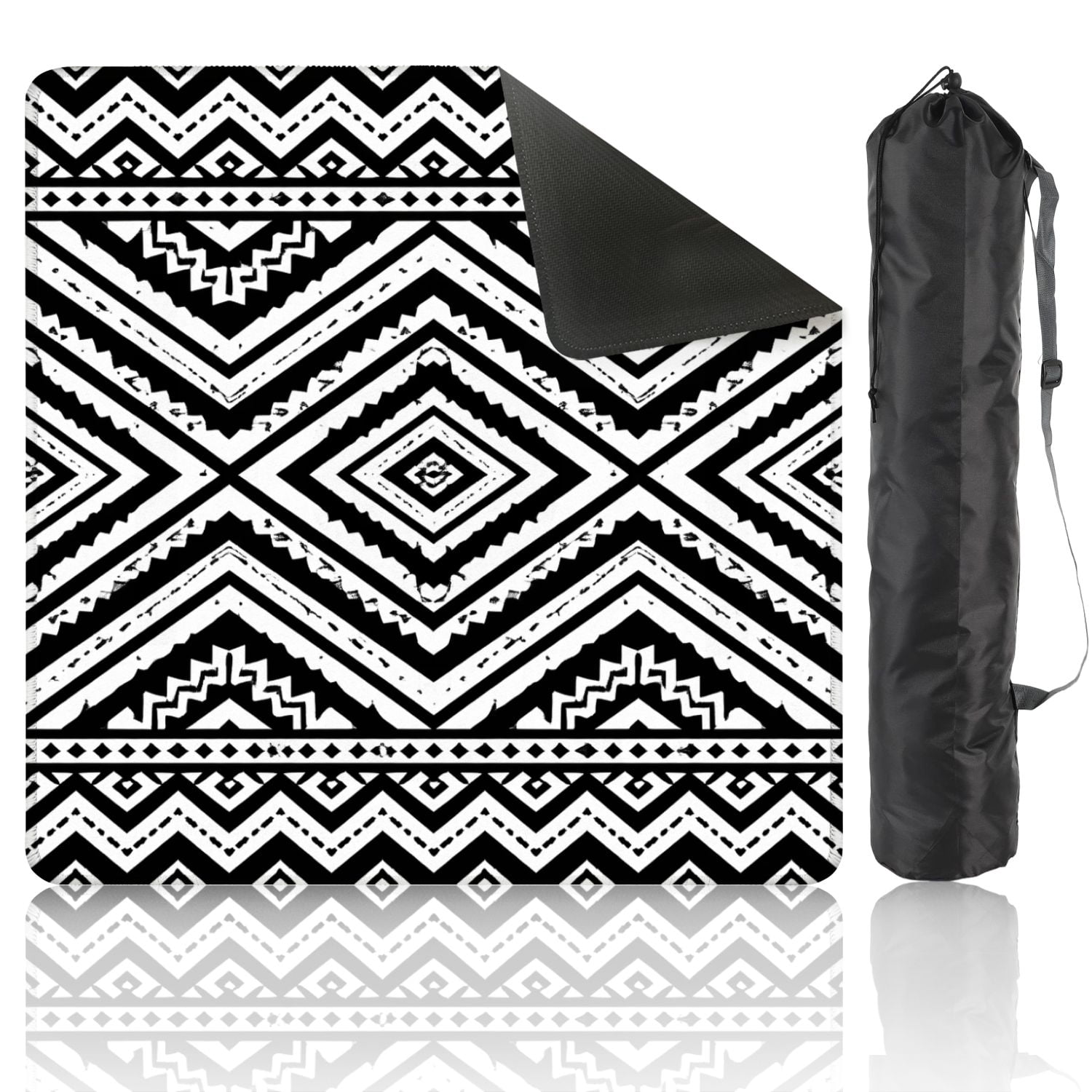 Mahjong Mat 31.5" x 31.5" Black White Geometric Tribal Diamond Shapes Zigzag Lines Anti-Slip and Noise Reduction Symmetry Design Mahjong Tiles Table Cover for Dominoes Poker Card Board and Tile Games
