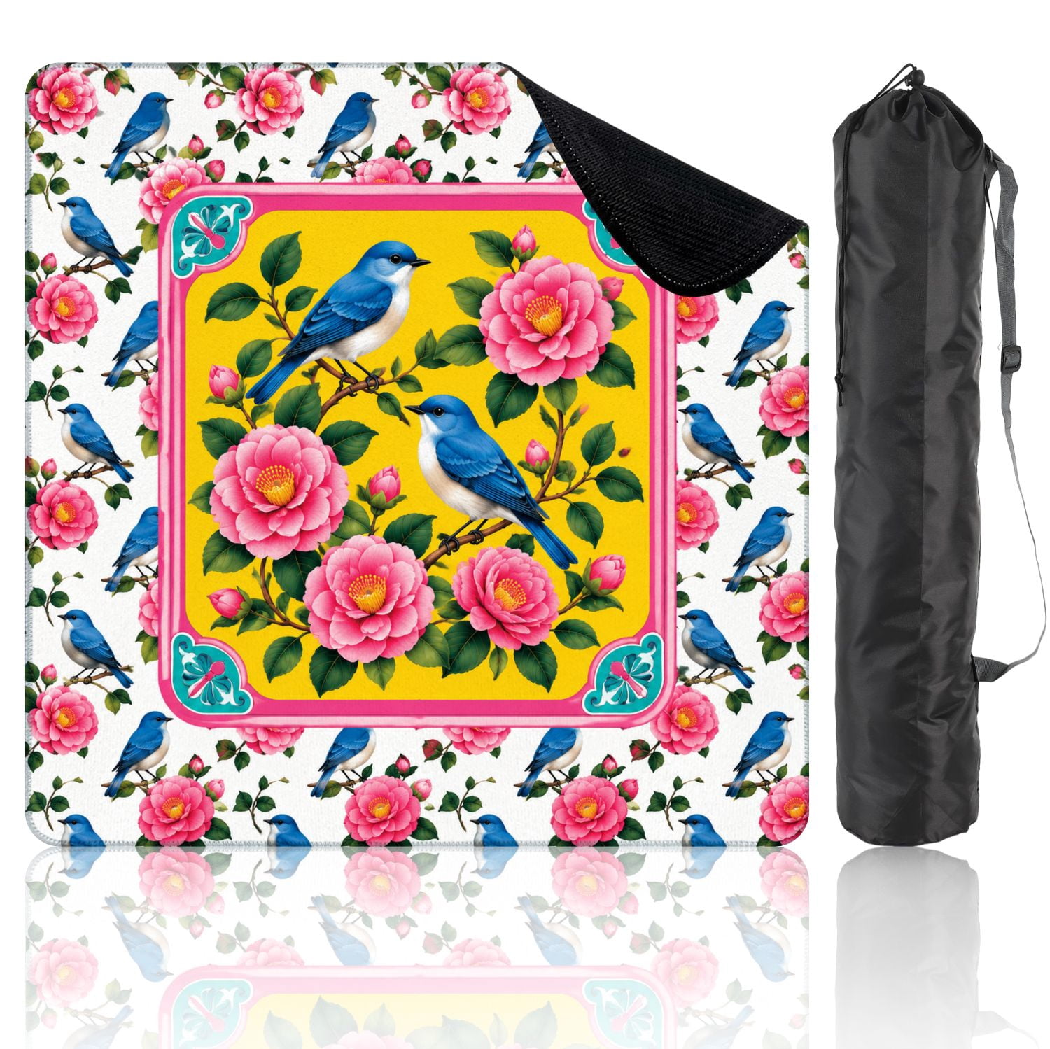 Mahjong Mat 31.5" x 31.5" Blue Birds Flowering Branch Pink Blooms Vibrant Yellow Non-Slip Noise Reduction Mahjong Tiles Table Cover for Dominoes Poker Card Board and Tile Games