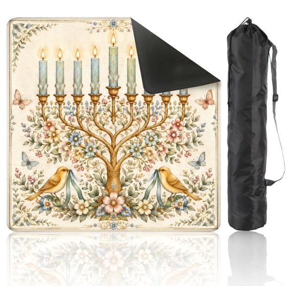 Mahjong Mat 31.5" x 31.5" Blue Candle Tree Birds Butterflies Floral Accents Non-Slip Noise Reduction American Mahjong Tiles Table Cover for Dominoes Poker Card Board Games Gift
