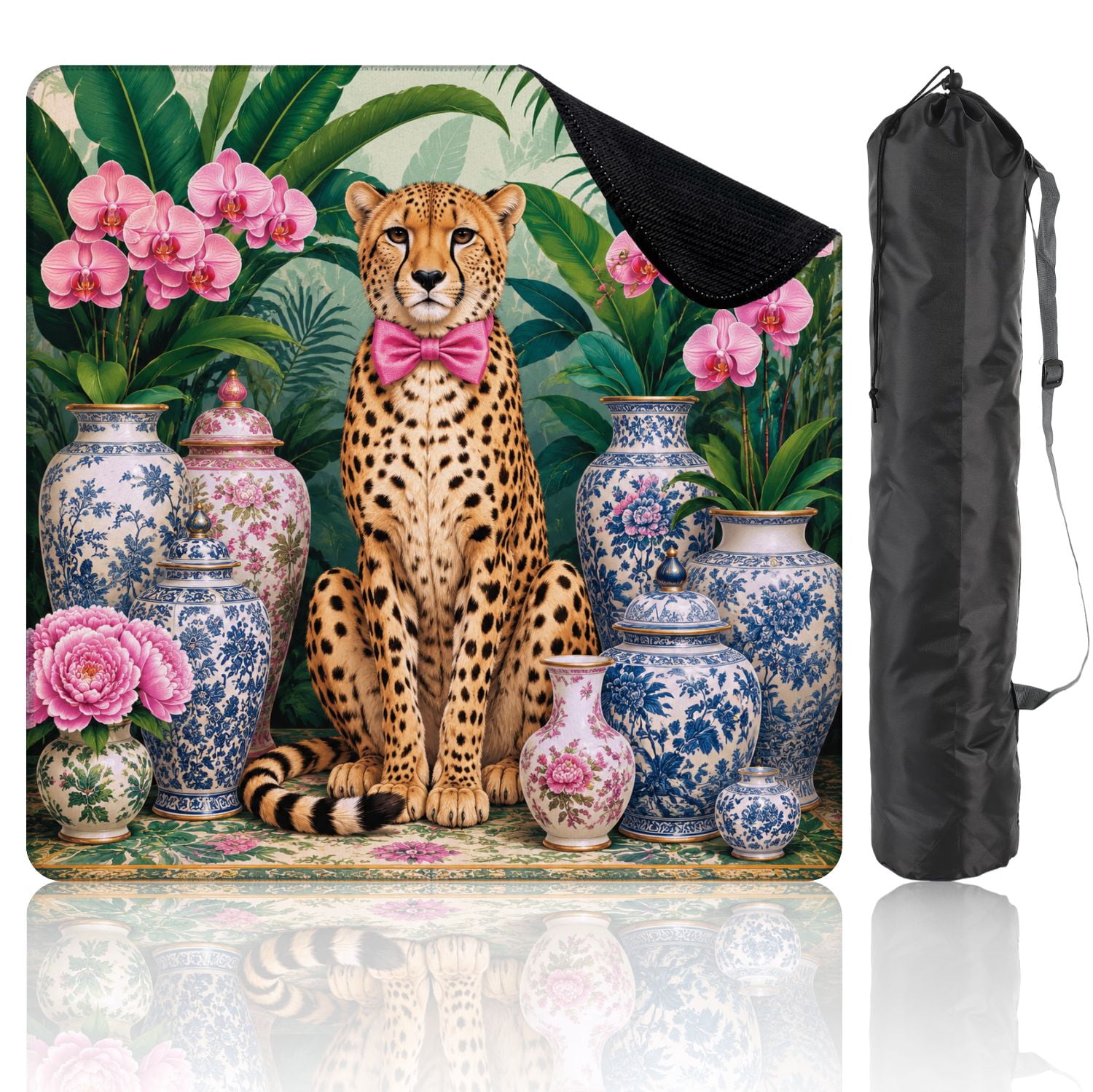 Mahjong Mat 31.5" x 31.5" Blue Cheetah Pink Bowtie Among Vibrant Pink Flowers Porcelain Vases Non-Slip Noise Reduction Mahjong Tiles Table Cover for Dominoes Poker Card Board and Tile Games