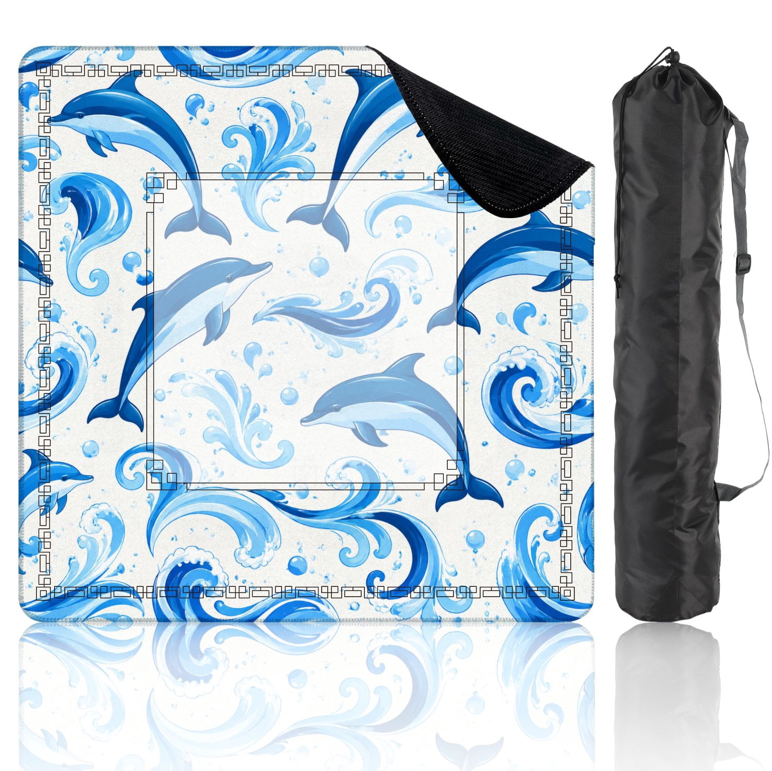 Mahjong Mat 31.5" x 31.5" Blue Dolphin Ocean Wave Seamless Coastal Nautical Style Non-Slip Noise Reduction American Mahjong Tiles Table Cover for Dominoes Poker Card Board Games Gift