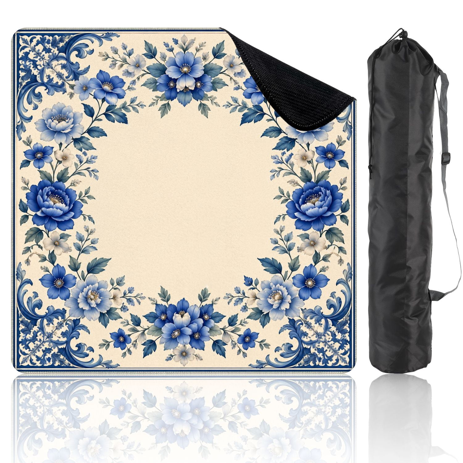 Mahjong Mat 31.5" x 31.5" Blue Floral Border Peonies Non-Slip Noise Reduction Mahjong Tiles Table Cover for Dominoes Poker Card Board and Tile Games