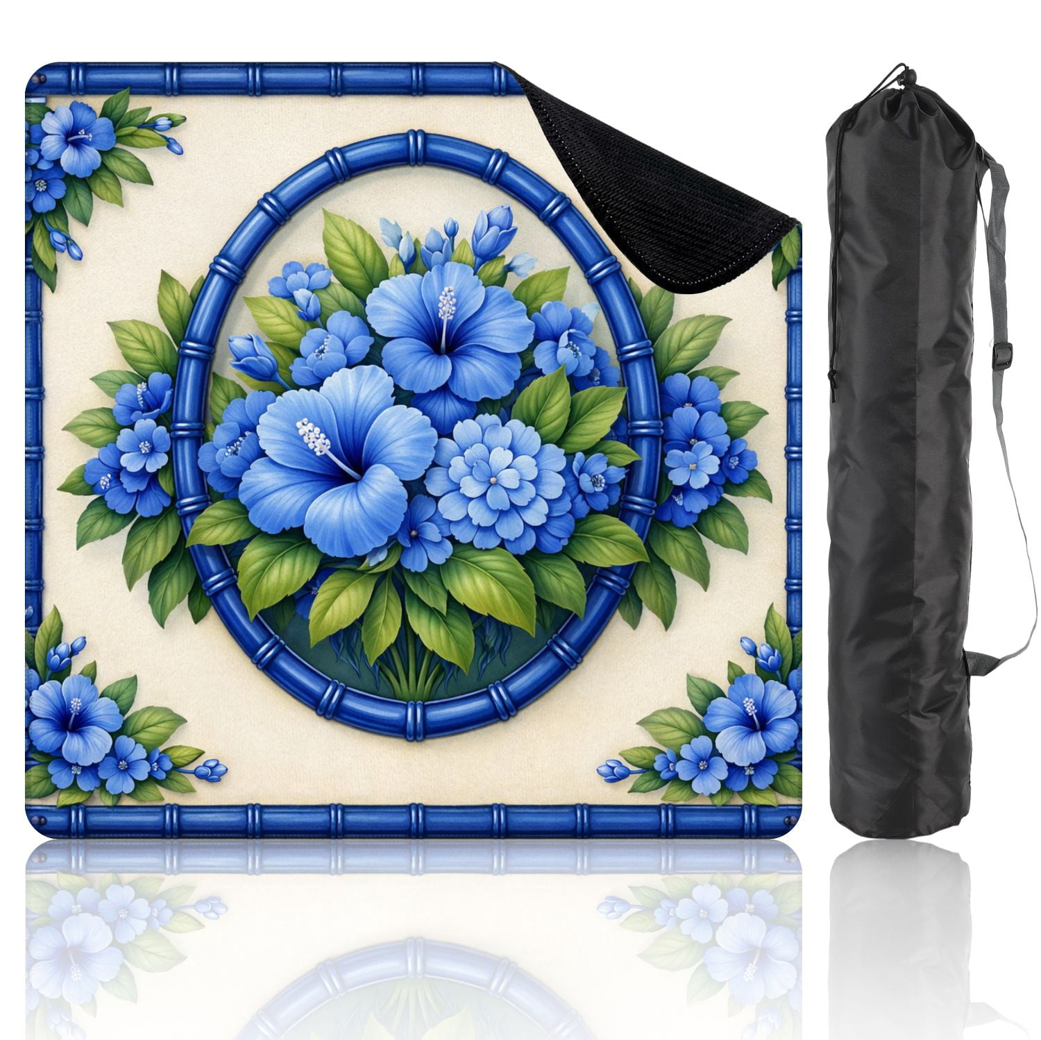 Mahjong Mat 31.5" x 31.5" Blue Floral Bouquet Hibiscus Leaves Decorative Frame Non-Slip Noise Reduction Mahjong Tiles Table Cover for Dominoes Poker Card Board and Tile Games