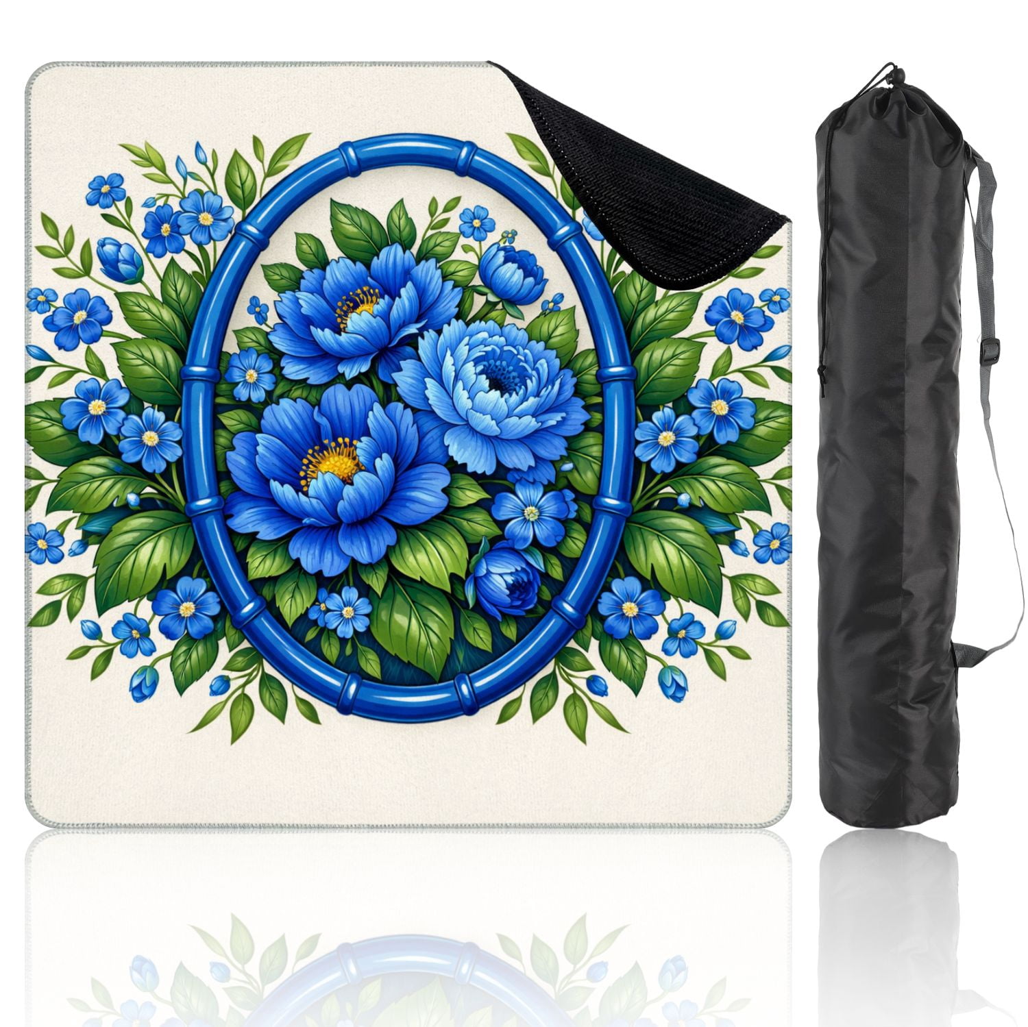 Mahjong Mat 31.5" x 31.5" Blue Floral Bouquet Oval Frame Vibrant Peonies Small Flowers Non-Slip Noise Reduction Mahjong Tiles Table Cover for Dominoes Poker Card Board and Tile Games