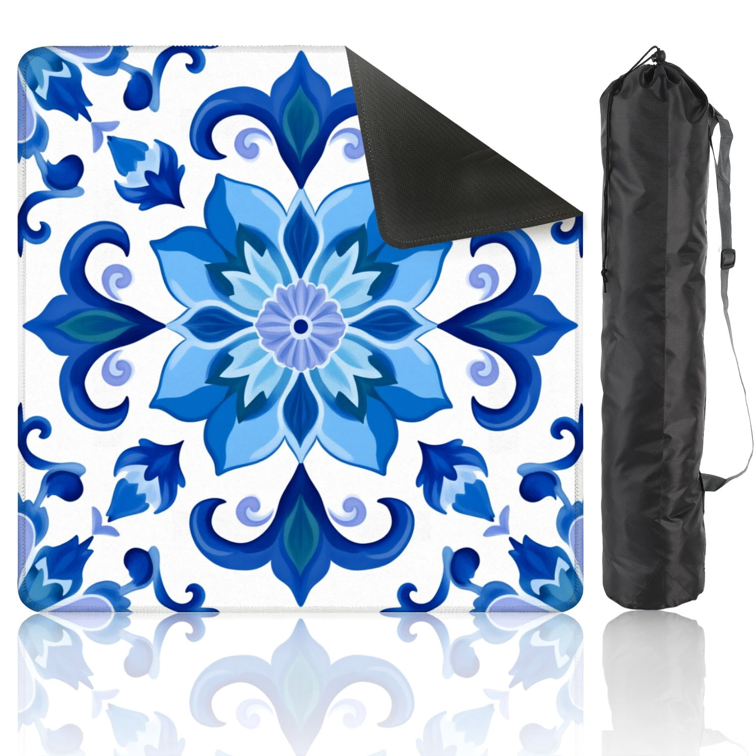 Mahjong Mat 31.5" x 31.5" Blue Floral Ceramic Tile Symmetrical Design Non-Slip Noise Reduction American Mahjong Tiles Table Cover for Dominoes Poker Card Board Games Gift