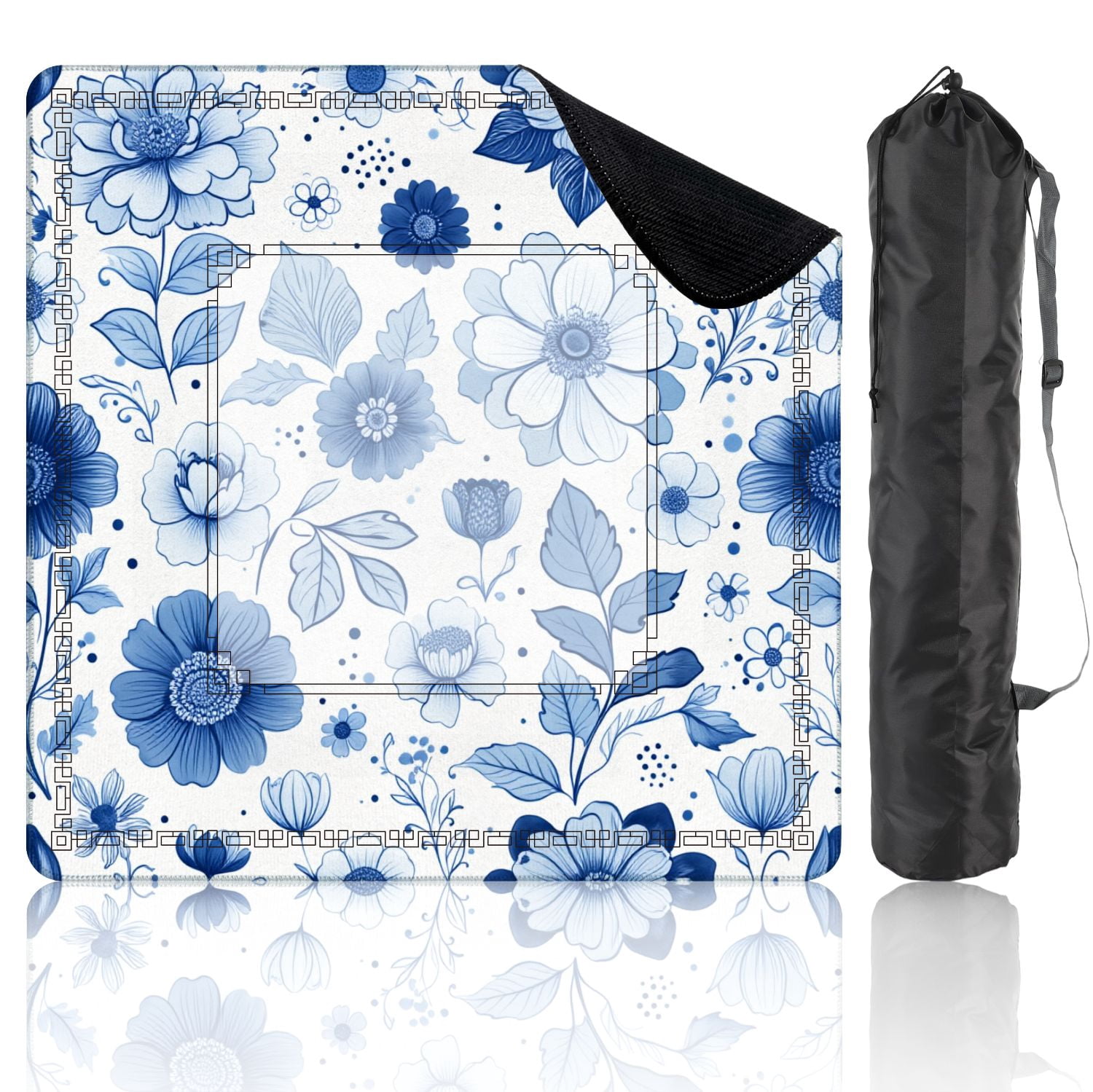 Mahjong Mat 31.5" x 31.5" Blue Floral Detailed Flowers Leaves Hand Drawn Style Non-Slip Noise Reduction American Mahjong Tiles Table Cover for Dominoes Poker Card Board Games Gift