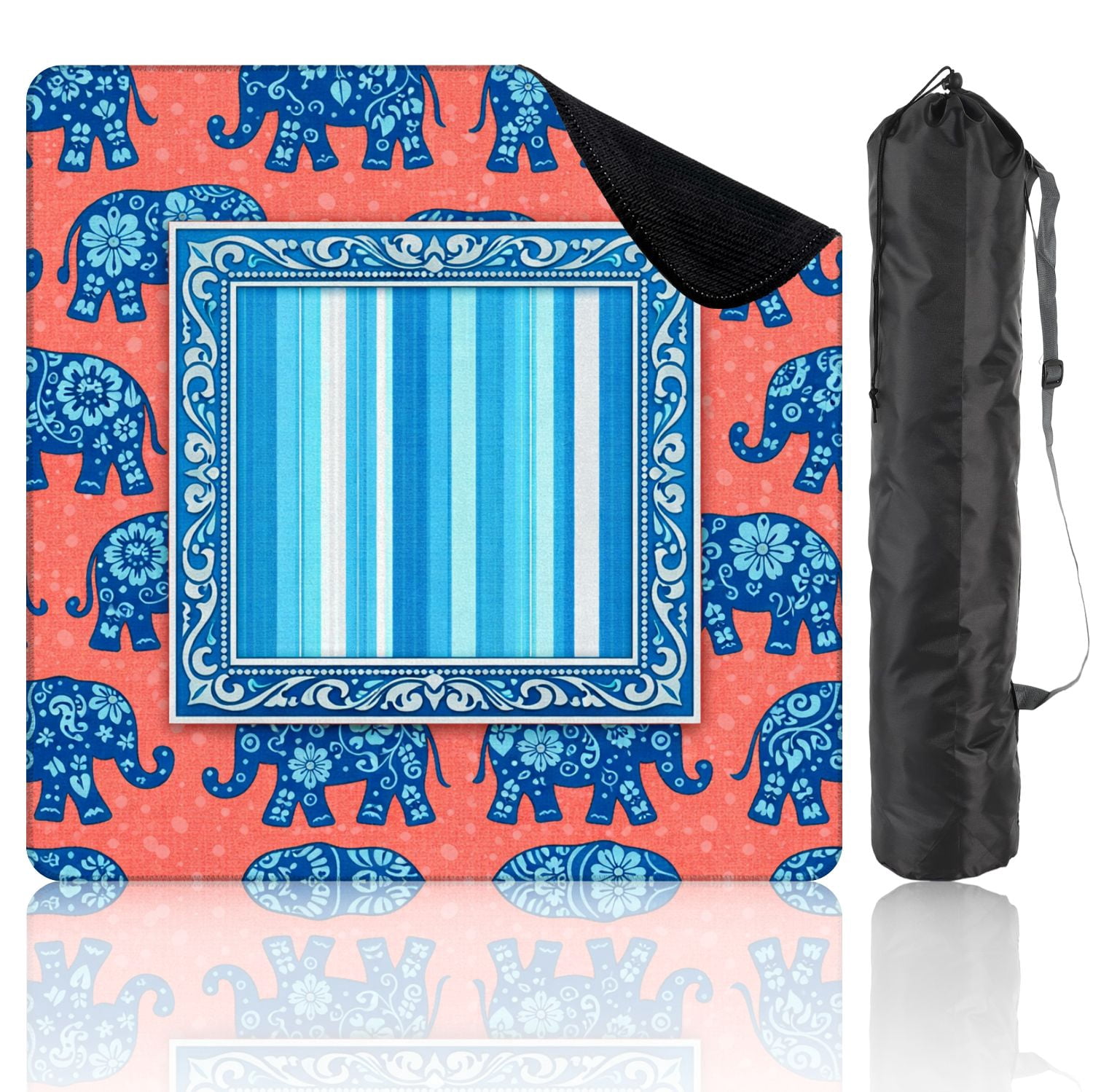 Mahjong Mat 31.5" x 31.5" Blue Floral Elephants Coral Central Blue Striped Frame Non-Slip Noise Reduction Mahjong Tiles Table Cover for Dominoes Poker Card Board and Tile Games