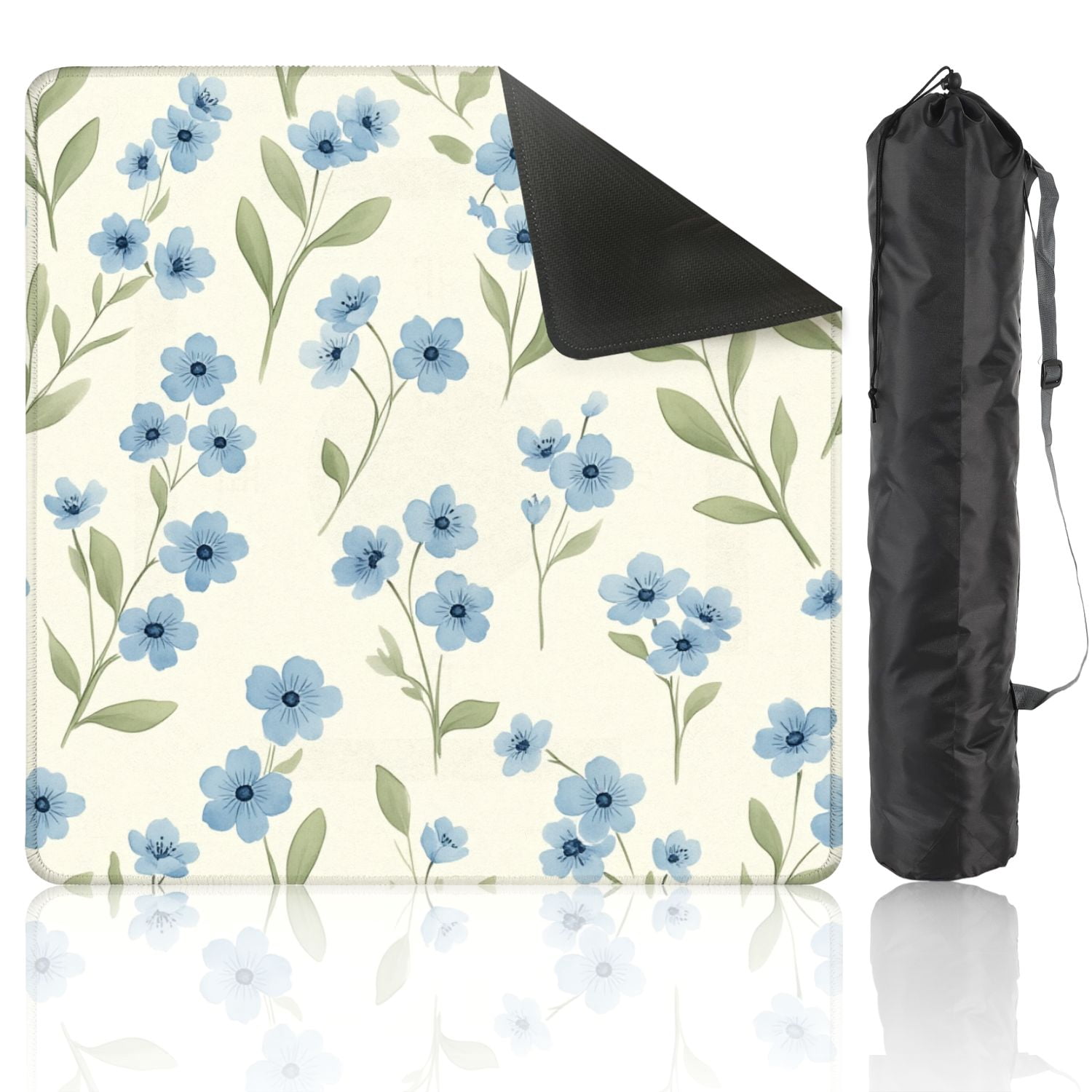 Mahjong Mat 31.5" x 31.5" Blue Floral Green Leaves Cream Watercolor Style Non-Slip Noise Reduction American Mahjong Tiles Table Cover for Dominoes Poker Card Board Games Gift