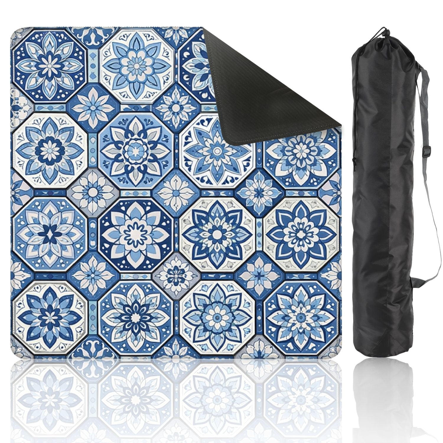 Mahjong Mat 31.5" x 31.5" Blue Floral Intricate Tile Geometric Shapes Anti-Slip and Noise Reduction Symmetry Design Mahjong Tiles Table Cover for Dominoes Poker Card Board and Tile Games
