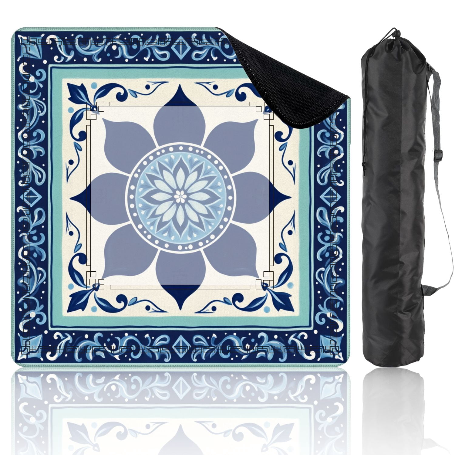 Mahjong Mat 31.5" x 31.5" Blue Floral Mandala Tile Ornamental Border Geometric Accents Non-Slip Noise Reduction American Mahjong Tiles Table Cover for Dominoes Poker Card Board Games Gift