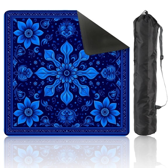 Mahjong Mat 31.5" x 31.5" Blue Floral Ornamental Symmetrical Leaves Motifs Anti-Slip and Noise Reduction Symmetry Design Mahjong Tiles Table Cover for Dominoes Poker Card Board and Tile Games