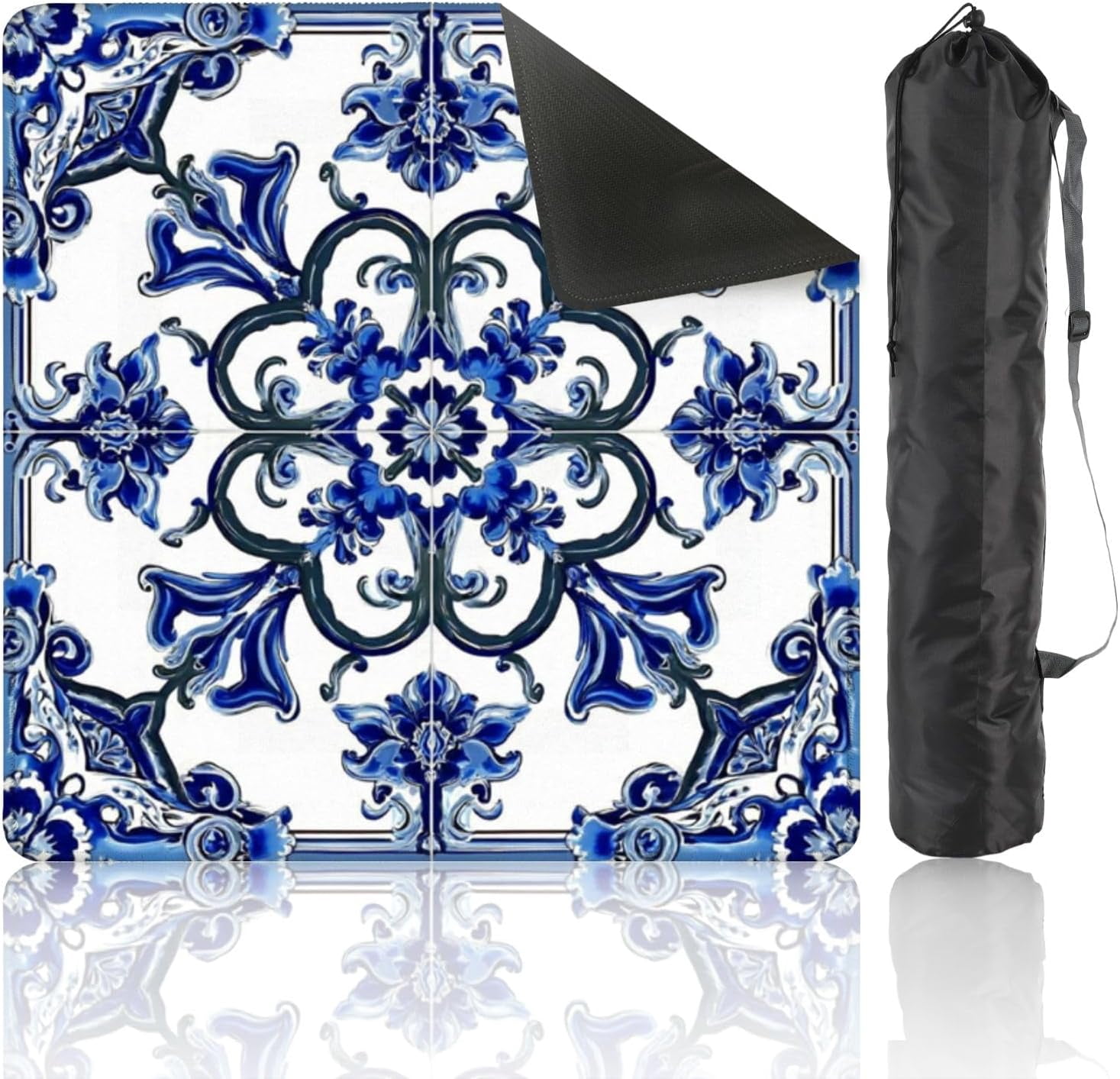 Mahjong Mat 31.5" x 31.5" Blue Floral Tile Decorative Swirls Intricate Detailing Non-Slip Noise Reduction Mahjong Tiles Table Cover for Dominoes Poker Card Board and Tile Games Gift