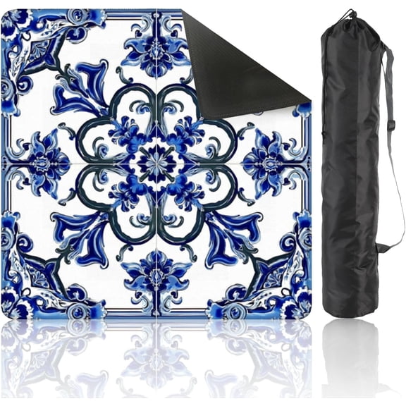 Mahjong Mat 31.5" x 31.5" Blue Floral Tile Decorative Swirls Intricate Detailing Non-Slip Noise Reduction Mahjong Tiles Table Cover for Dominoes Poker Card Board and Tile Games Gift