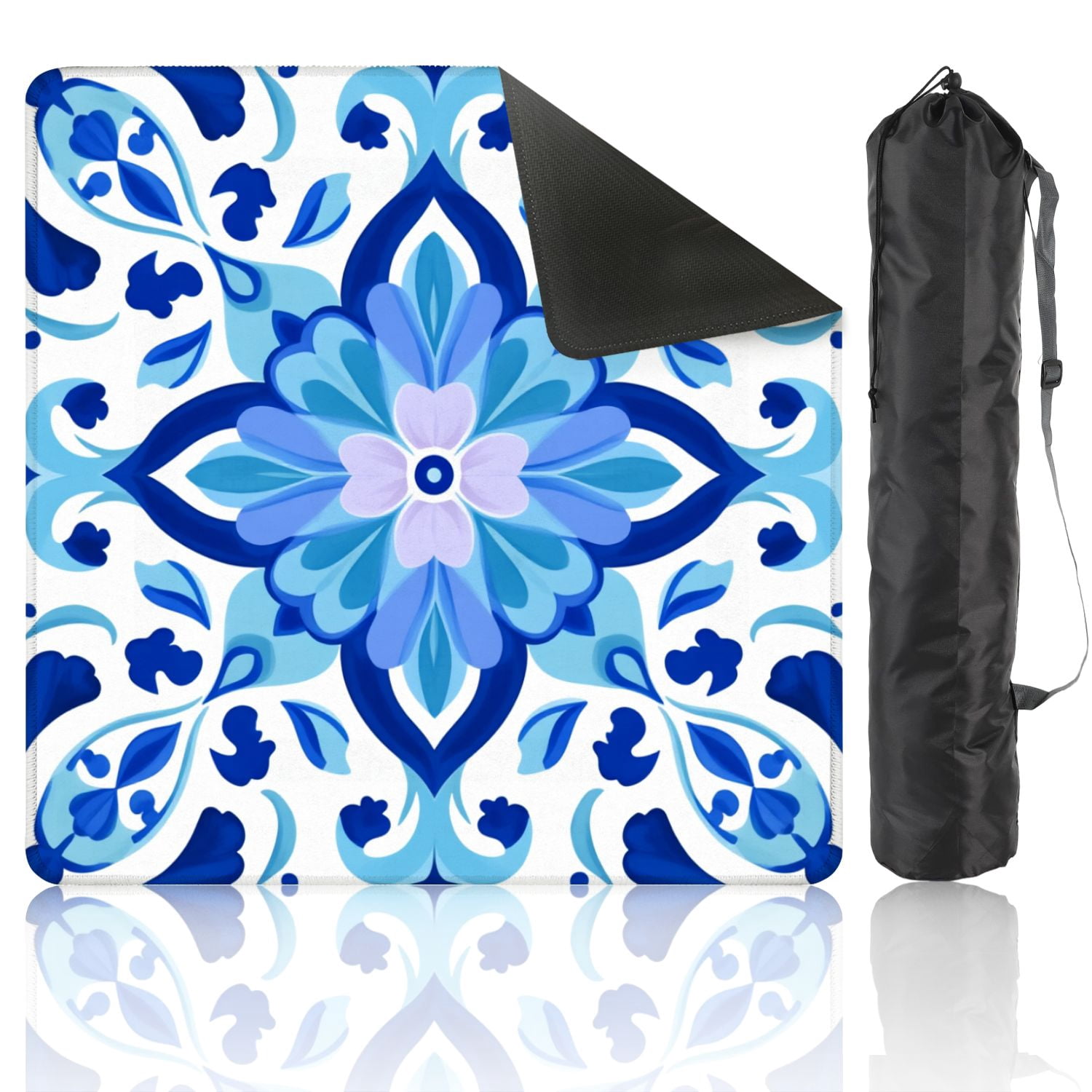 Mahjong Mat 31.5" x 31.5" Blue Floral Tile Symmetrical Design Decorative Motifs Non-Slip Noise Reduction American Mahjong Tiles Table Cover for Dominoes Poker Card Board Games Gift