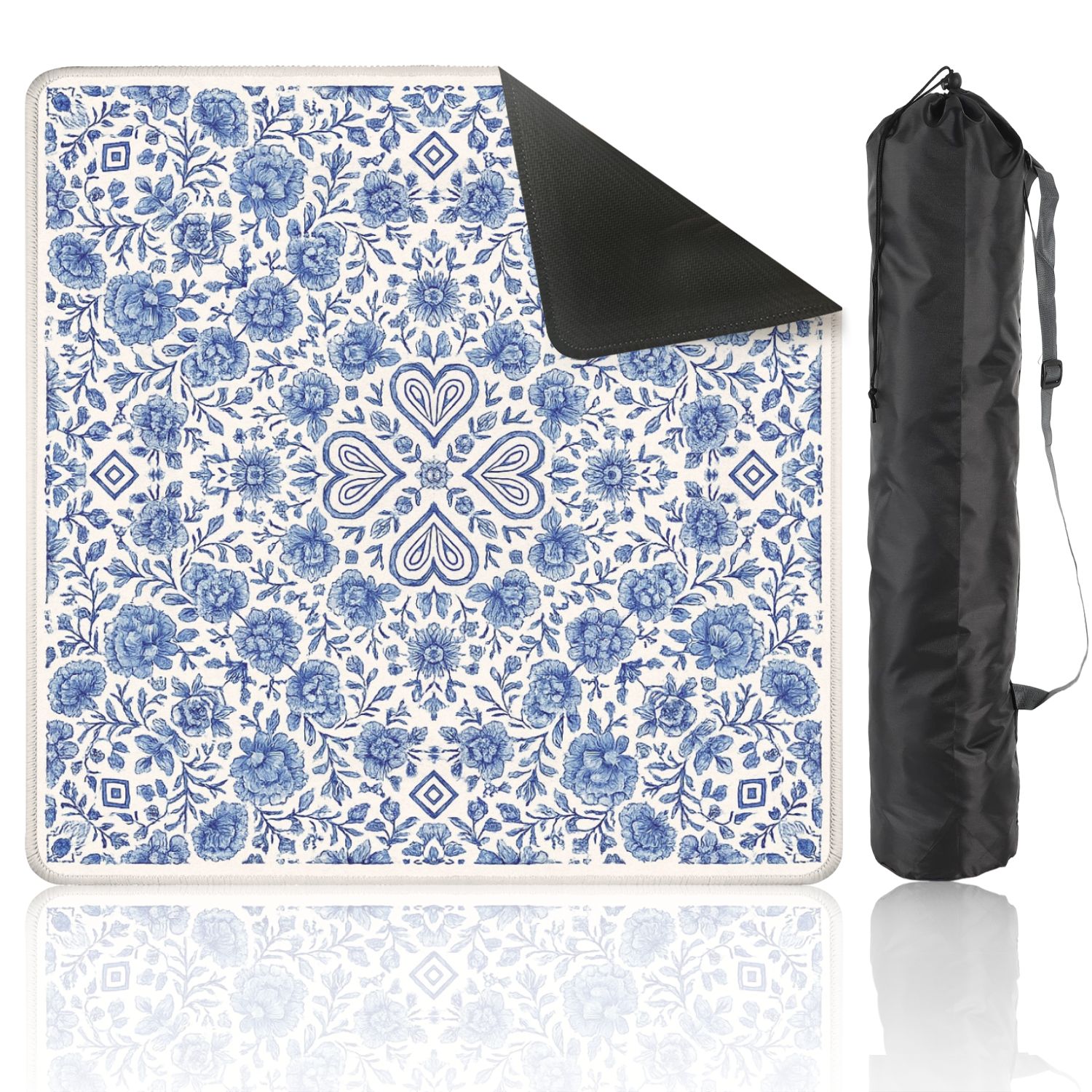 Mahjong Mat 31.5" x 31.5" Blue Floral Vintage Ornamental Heart Motif Anti-Slip and Noise Reduction Symmetry Design Mahjong Tiles Table Cover for Dominoes Poker Card Board and Tile Games