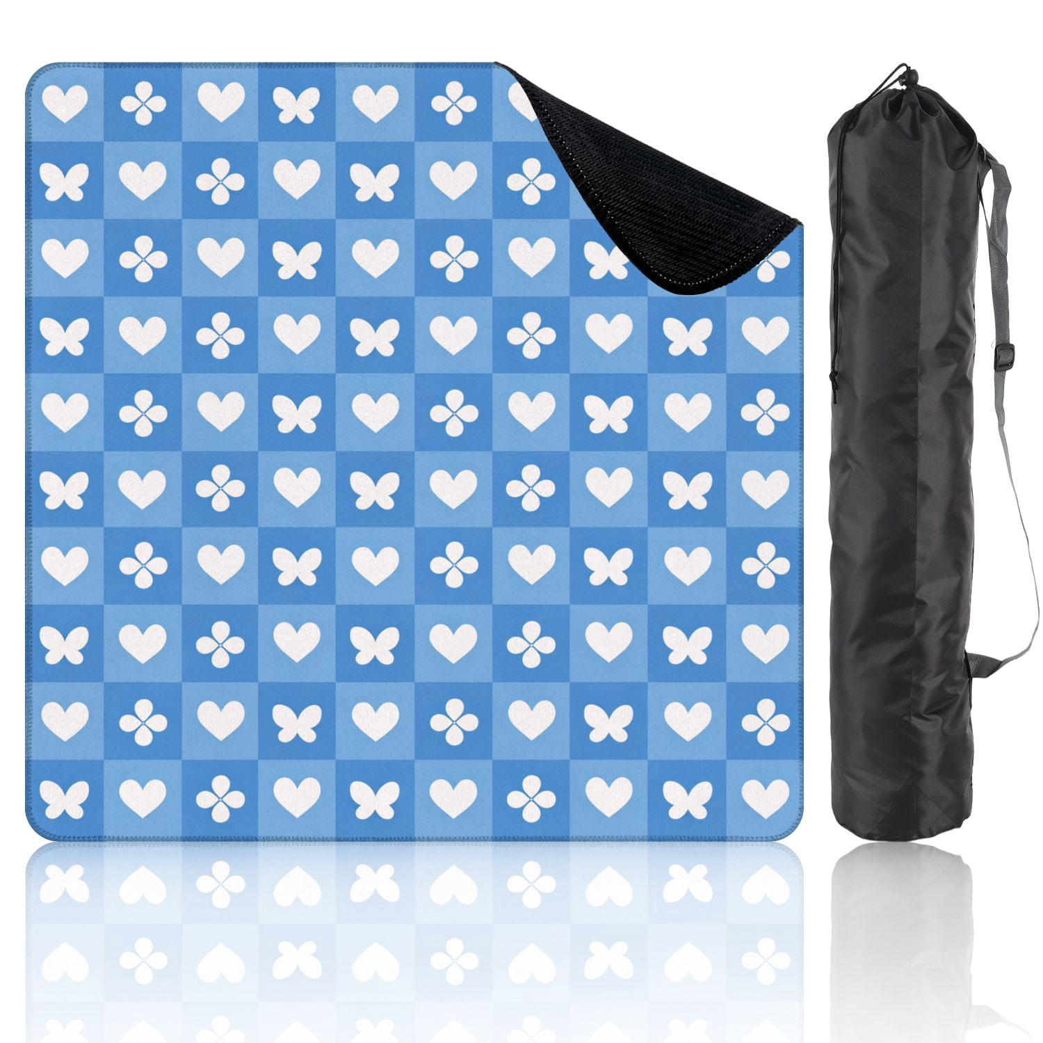 Mahjong Mat 31.5" x 31.5" Blue Gingham Heart Flower Motifs Non-Slip Noise Reduction Mahjong Tiles Table Cover for Dominoes Poker Card Board and Tile Games