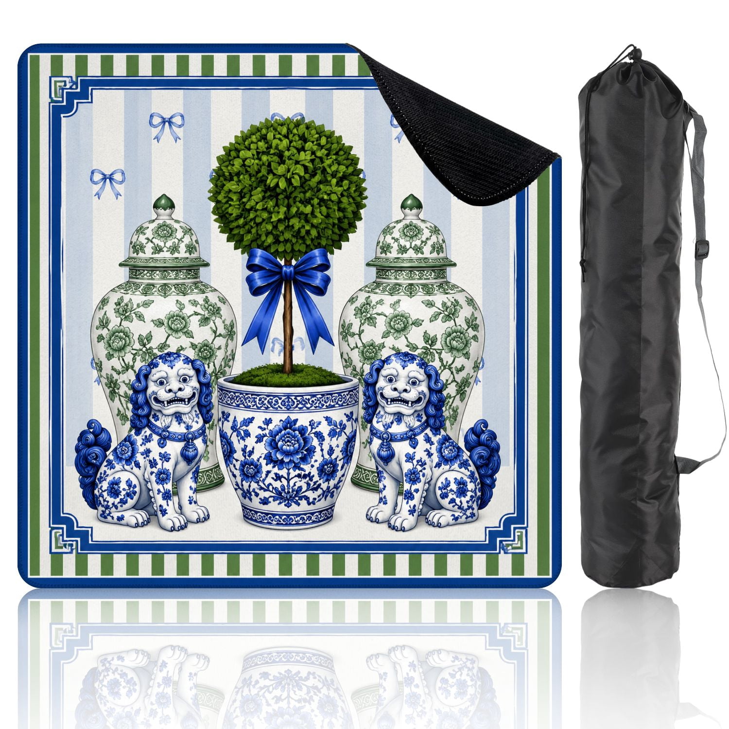 Mahjong Mat 31.5" x 31.5" Blue Green Floral Design Topiary Trees Dog Motif Elegant Frame Non-Slip Noise Reduction Chic Portable Gaming Table Cover for Family Game Night & Gift