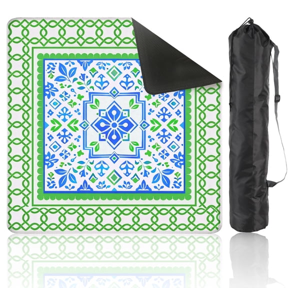 Mahjong Mat 31.5" x 31.5" Blue Green Floral Intricate Border Design Anti-Slip and Noise Reduction Symmetry Design Mahjong Tiles Table Cover for Dominoes Poker Card Board and Tile Games