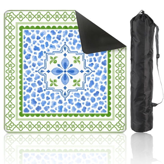 Mahjong Mat 31.5" x 31.5" Blue Green Floral Intricate Geometric Border Non-Slip Noise Reduction American Mahjong Tiles Table Cover for Dominoes Poker Card Board Games Gift