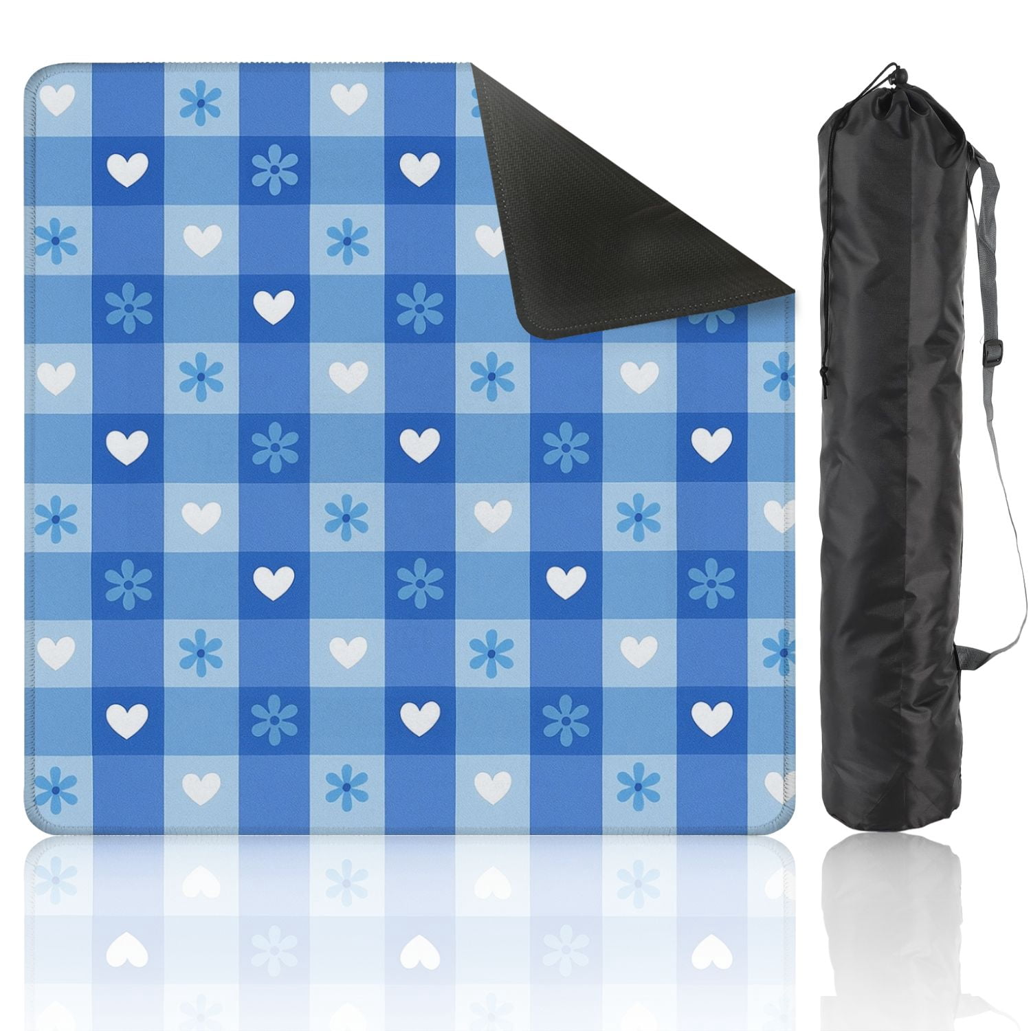 Mahjong Mat 31.5" x 31.5" Blue Heart Flower Soft Checkered Design Non-Slip Noise Reduction American Mahjong Tiles Table Cover for Dominoes Poker Card Board Games Gift