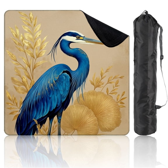 Mahjong Mat 31.5" x 31.5" Blue Heron Bird Gold Foliage Elegant Feather Details Non-Slip Noise Reduction Mahjong Tiles Table Cover for Dominoes Poker Card Board and Tile Games
