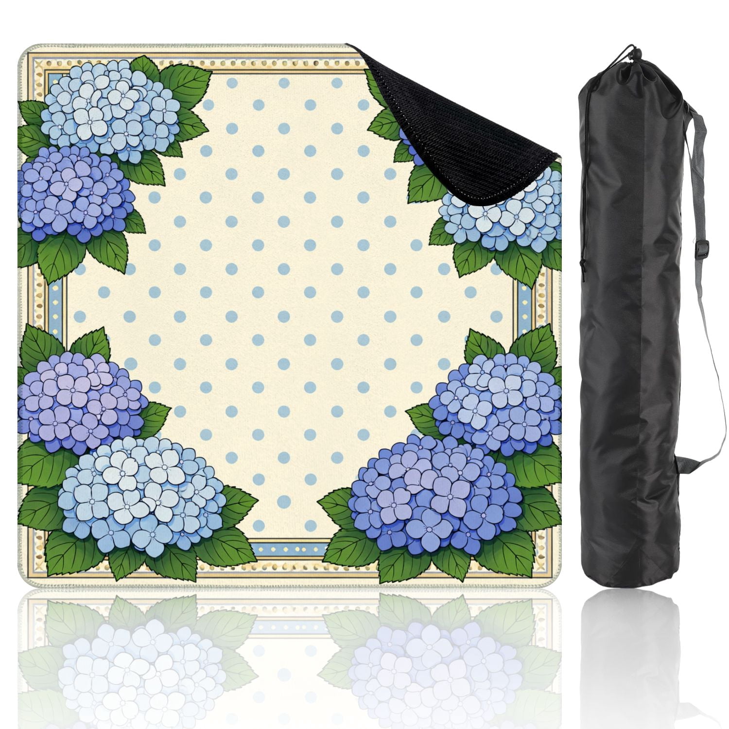 Mahjong Mat 31.5" x 31.5" Blue Hydrangea Floral Green Leaves Dotted Non-Slip Noise Reduction Mahjong Tiles Table Cover for Dominoes Poker Card Board and Tile Games