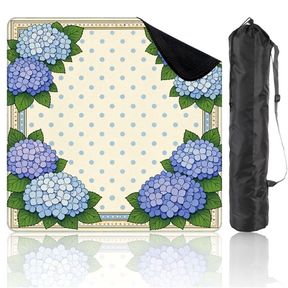 Mahjong Mat 31.5" x 31.5" Blue Hydrangea Floral Green Leaves Dotted Non-Slip Noise Reduction Mahjong Tiles Table Cover for Dominoes Poker Card Board and Tile Games