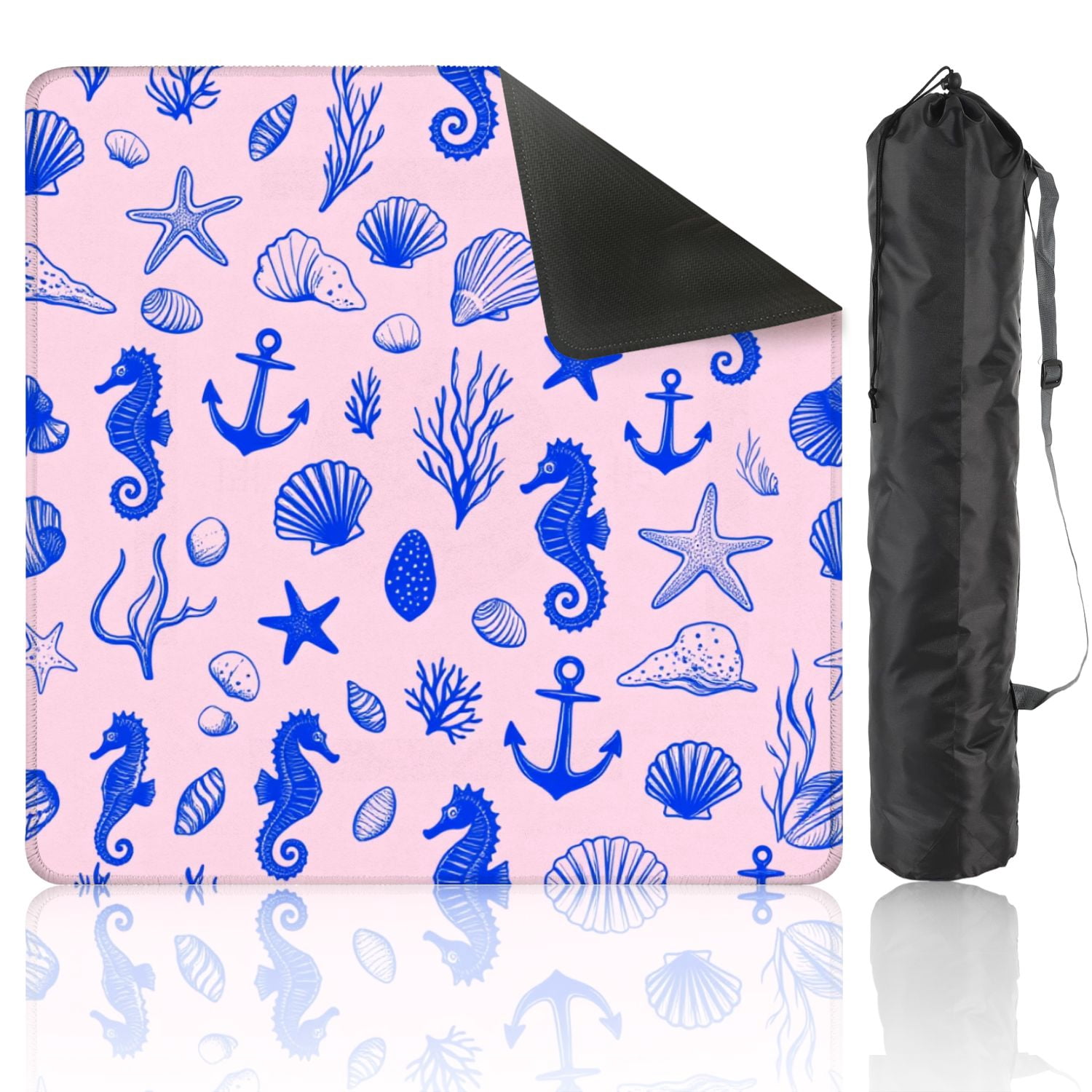 Mahjong Mat 31.5" x 31.5" Blue Ocean Theme Seahorses Starfish Anchors Shells Pink Non-Slip Noise Reduction American Mahjong Tiles Table Cover for Dominoes Poker Card Board Games Gift