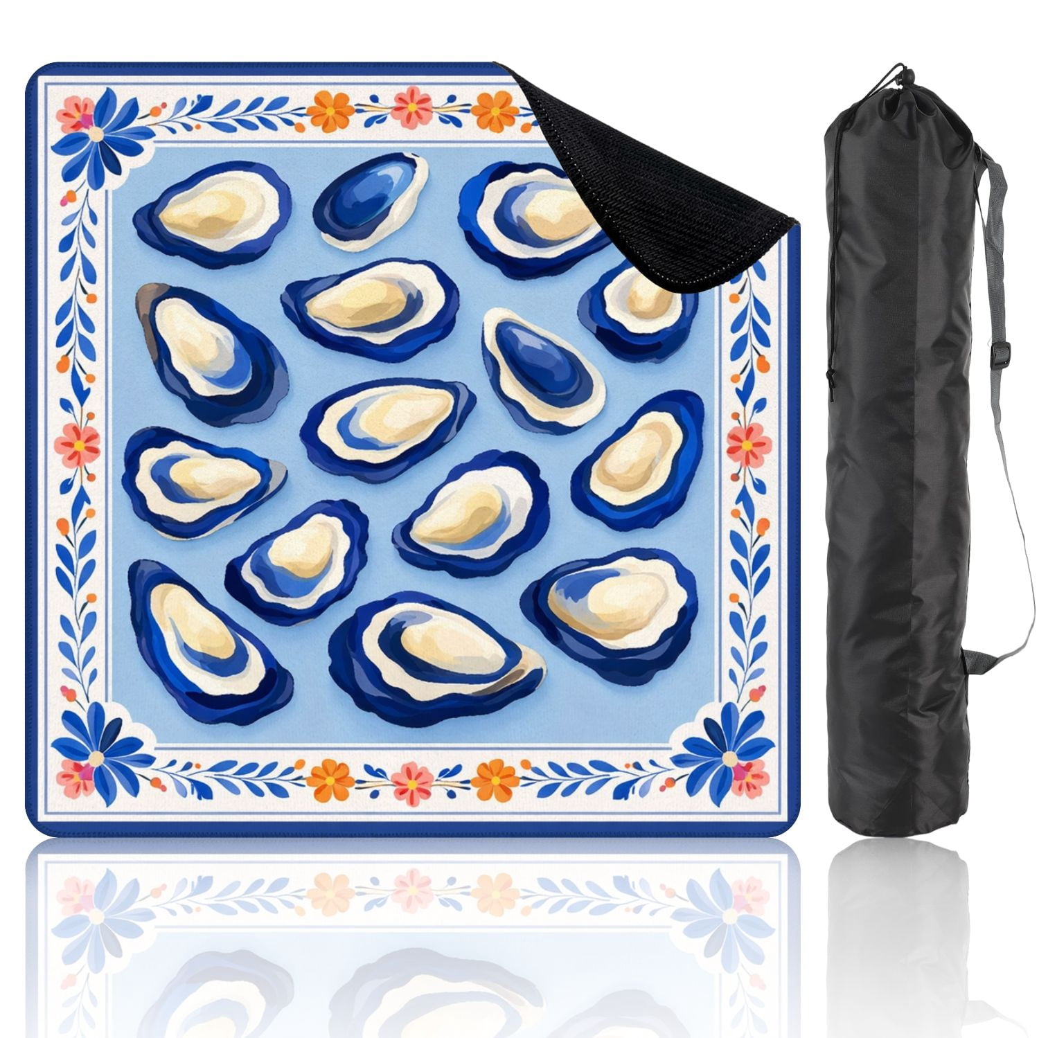 Mahjong Mat 31.5" x 31.5" Blue Oyster Shell Floral Border Coastal Watercolor Style Non-Slip Noise Reduction Mahjong Tiles Table Cover for Dominoes Poker Card Board and Tile Games
