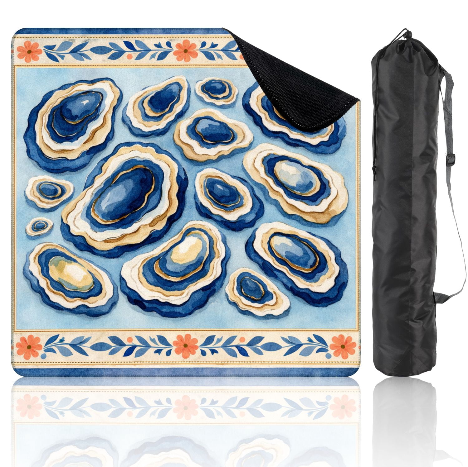 Mahjong Mat 31.5" x 31.5" Blue Oyster Shell Floral Border Coastal Watercolor Style Non-Slip Noise Reduction Mahjong Tiles Table Cover for Dominoes Poker Card Board and Tile Games