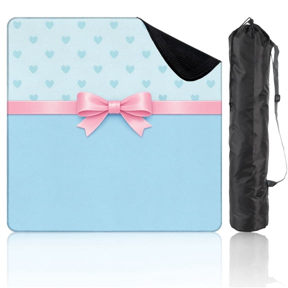 Mahjong Mat 31.5" x 31.5" Blue Pink Heart Bow Ribbon Light Blue Non-Slip Noise Reduction Mahjong Tiles Table Cover for Dominoes Poker Card Board and Tile Games