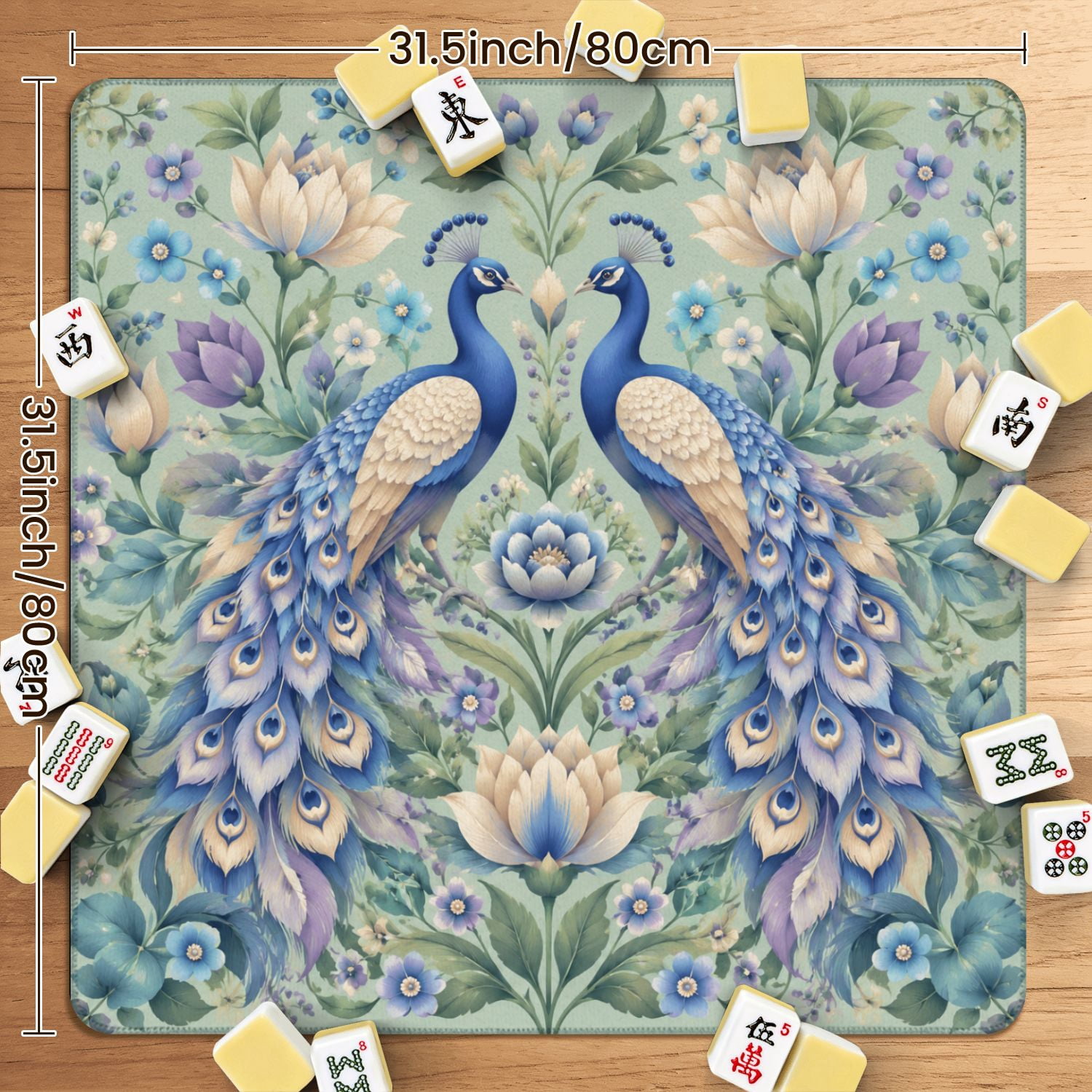 Mahjong Mat 31.5" x 31.5" Blue Purple Peacocks Floral Geometric Patterns Soft Tones Non-Slip Noise Reduction American Mahjong Tiles Table Cover for Dominoes Poker Card Board Games Gift