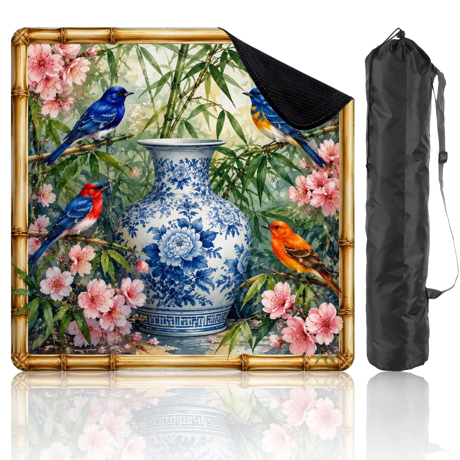 Mahjong Mat 31.5" x 31.5" Blue Red Birds Floral Vase Bamboo Botanical Art Style Non-Slip Noise Reduction Mahjong Tiles Table Cover for Dominoes Poker Card Board and Tile Games
