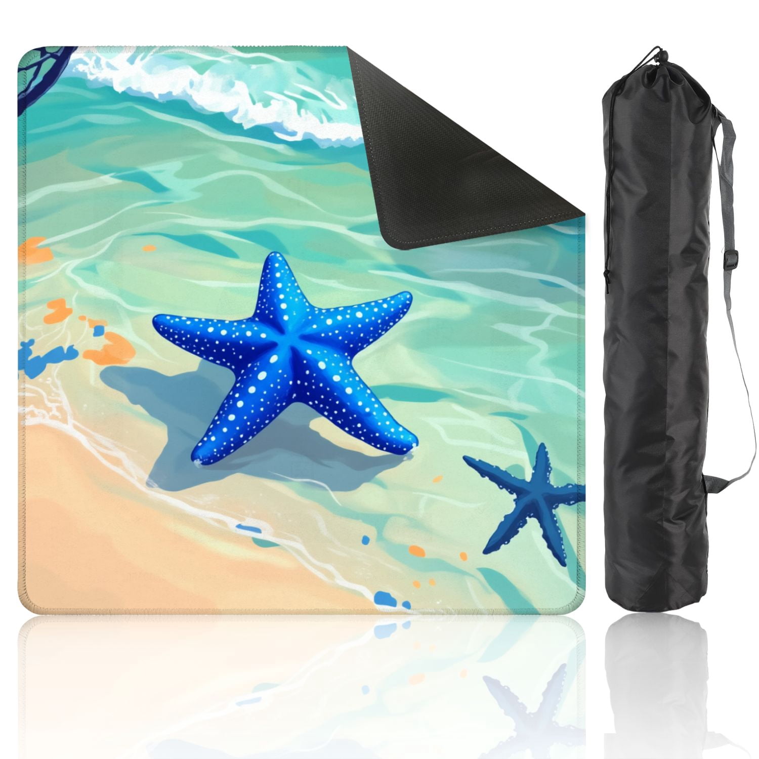 Mahjong Mat 31.5" x 31.5" Blue Starfish Tropical Shoreline Turquoise Waves Coastal Beach Non-Slip Noise Reduction American Mahjong Tiles Table Cover for Dominoes Poker Card Board Games Gift