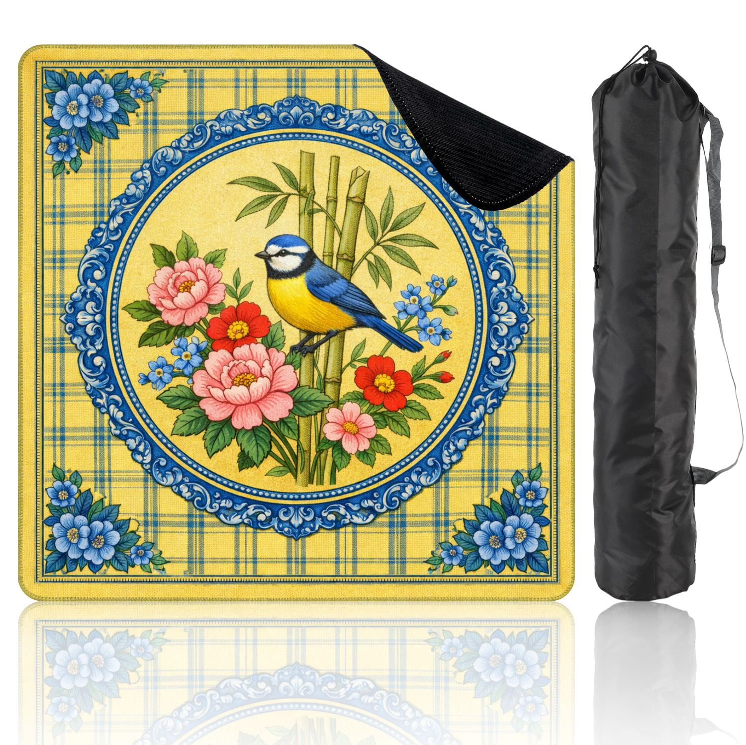Mahjong Mat 31.5" x 31.5" Blue Tit Bird Perched Colorful Floral Arrangement Bamboo Blue Flowers Non-Slip Noise Reduction Mahjong Tiles Table Cover for Dominoes Poker Card Board and Tile Games
