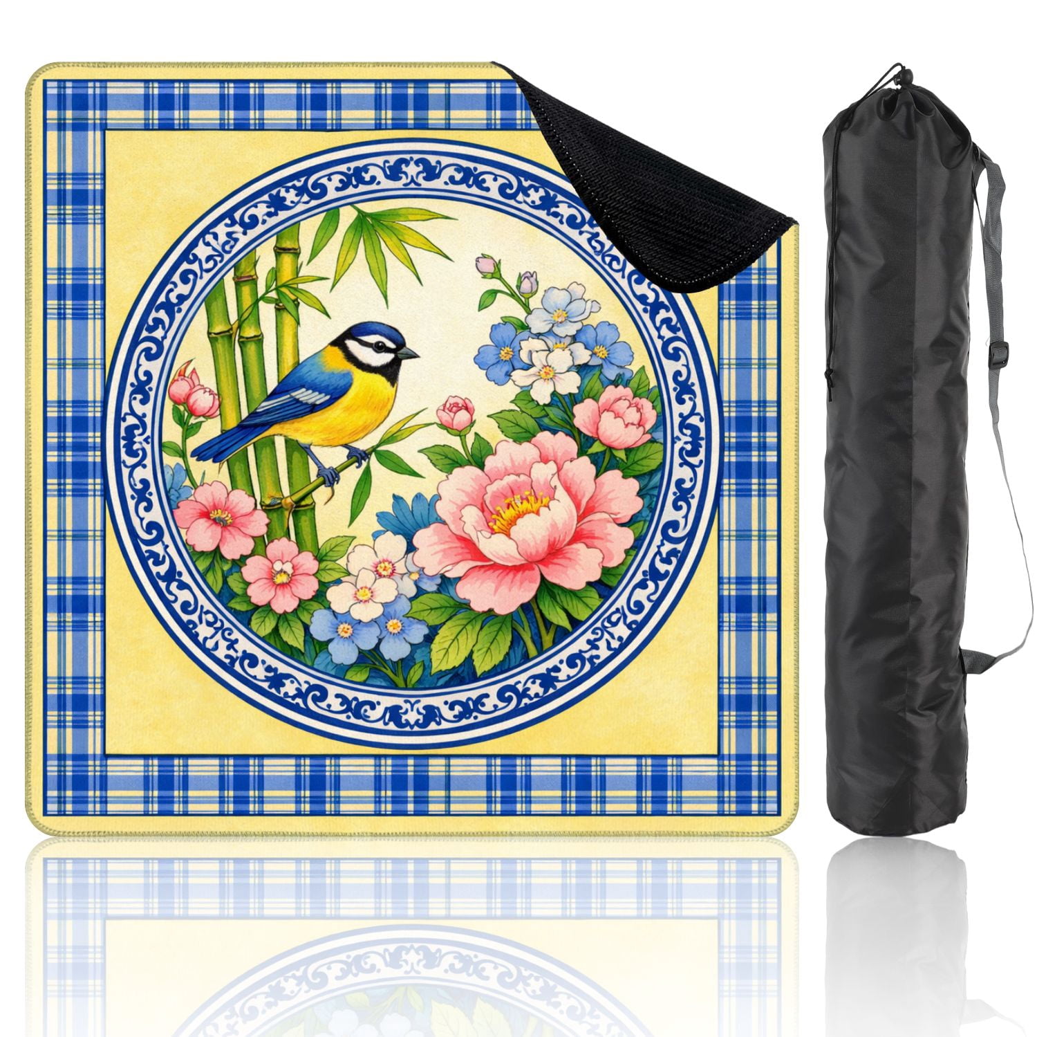 Mahjong Mat 31.5" x 31.5" Blue Tit Bird Vibrant Floral Bamboo Decorative Border Non-Slip Noise Reduction Mahjong Tiles Table Cover for Dominoes Poker Card Board and Tile Games