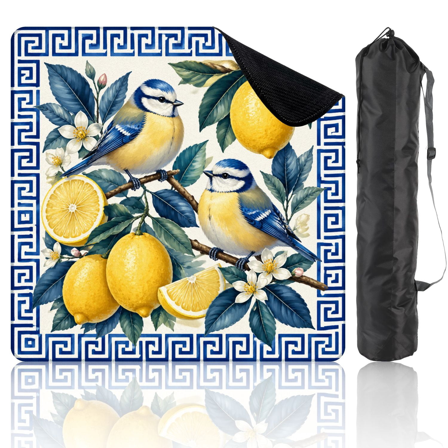 Mahjong Mat 31.5" x 31.5" Blue Tits Birds Perched Lemon Branches Blossoms Vibrant Botanical Non-Slip Noise Reduction Mahjong Tiles Table Cover for Dominoes Poker Card Board and Tile Games
