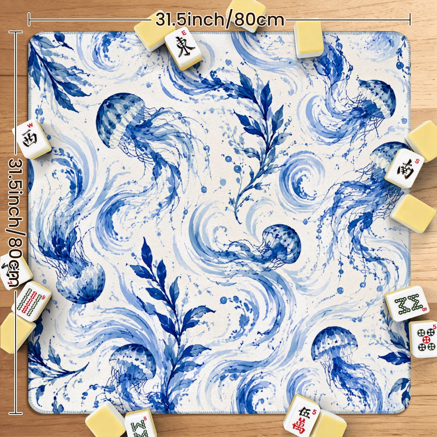 Mahjong Mat 31.5" x 31.5" Blue Watercolor Fish Flowing Fins Swirling Waves Non-Slip Noise Reduction American Mahjong Tiles Table Cover for Dominoes Poker Card Board Games Gift