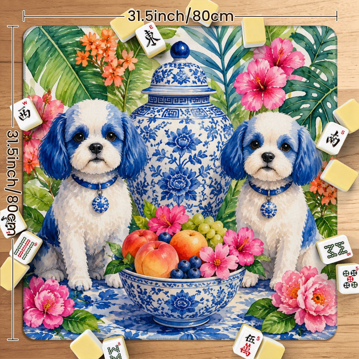 Mahjong Mat 31.5" x 31.5" Blue White Ceramic Dog Statues Floral Peach Details Vibrant Garden Non-Slip Noise Reduction American Mahjong Tiles Table Cover for Dominoes Poker Card Board Games Gift