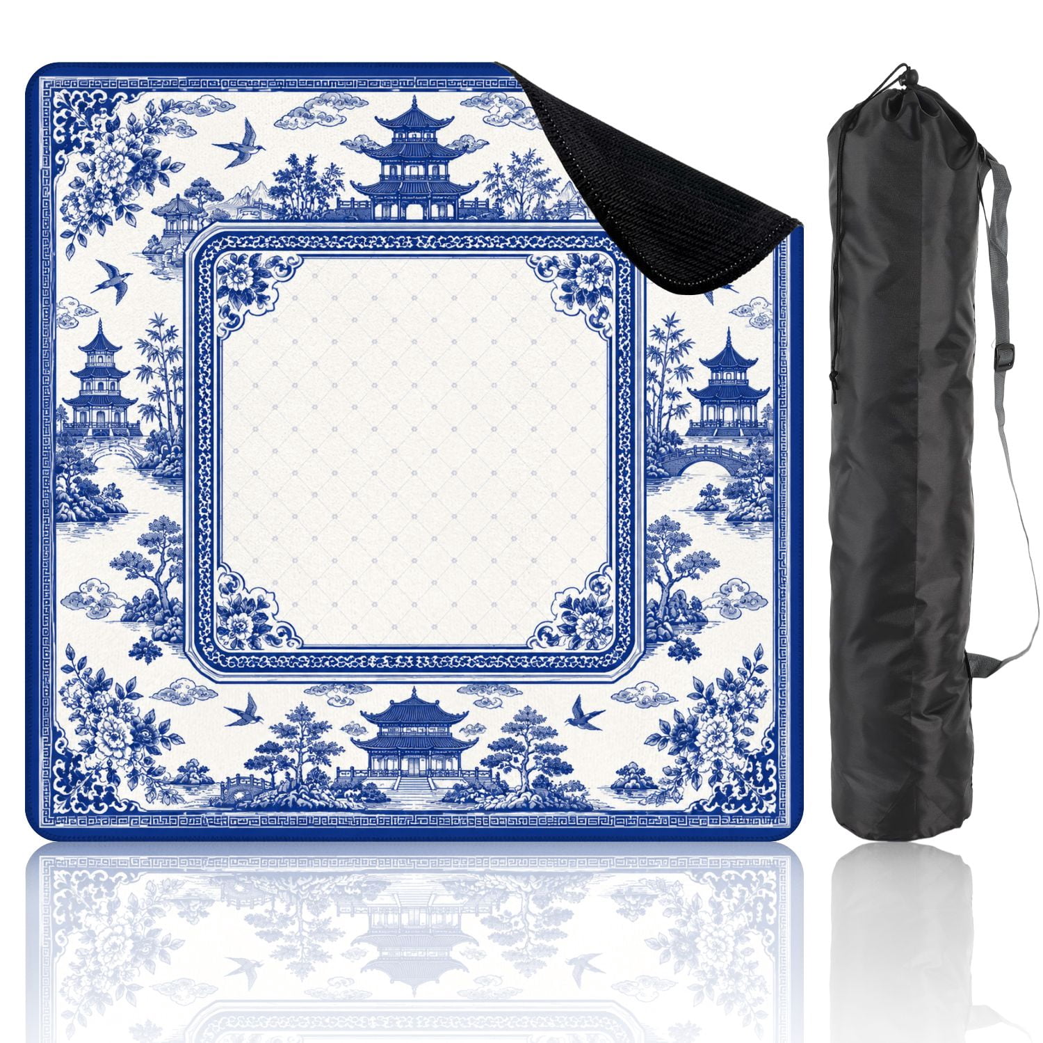 Mahjong Mat 31.5" x 31.5" Blue White Chinese Landscape Pagodas Birds Trees Floral Borders Non-Slip Noise Reduction Mahjong Tiles Table Cover for Dominoes Poker Card Board and Tile Games